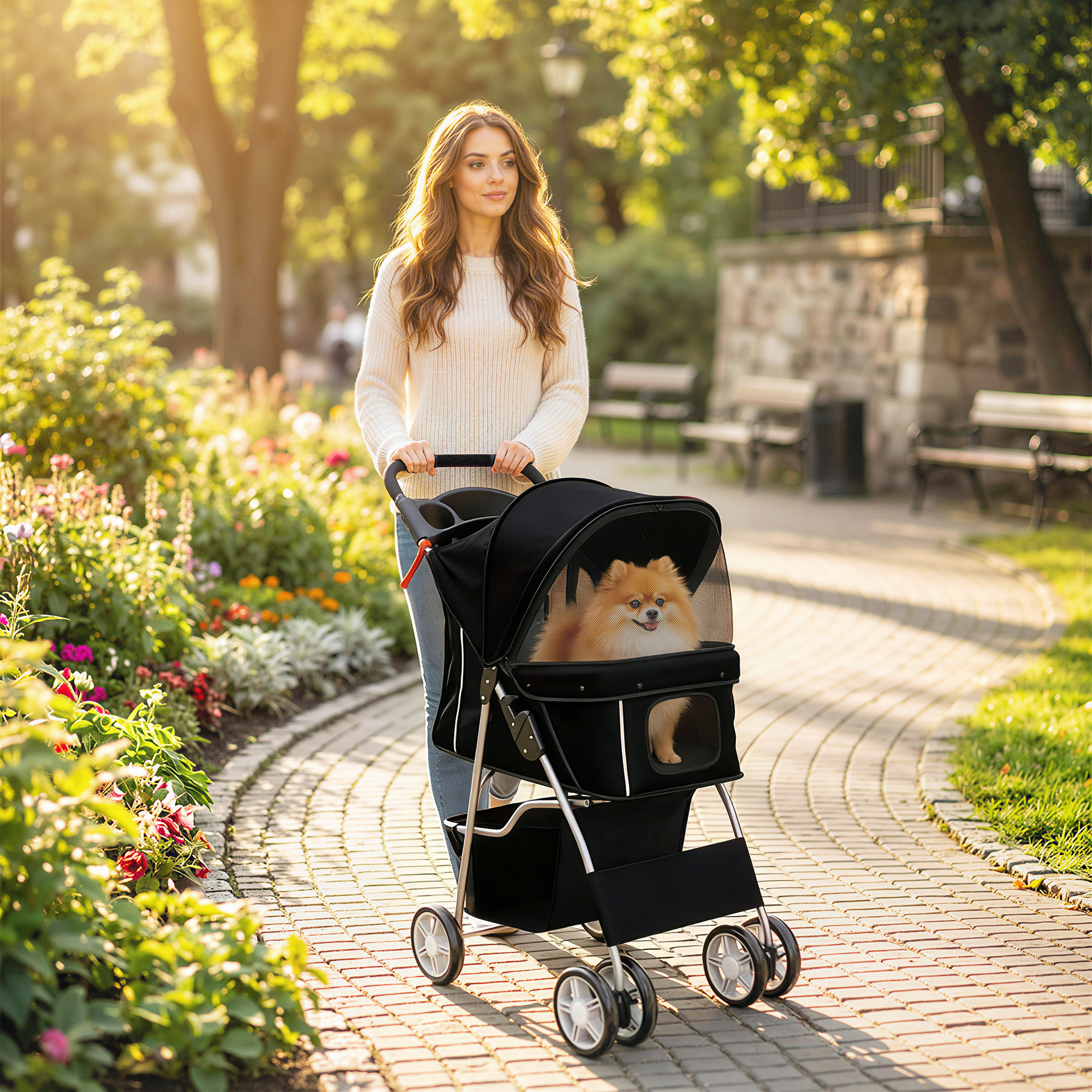 Una donna spinge un passeggino con un cane Pomerania in un parco.