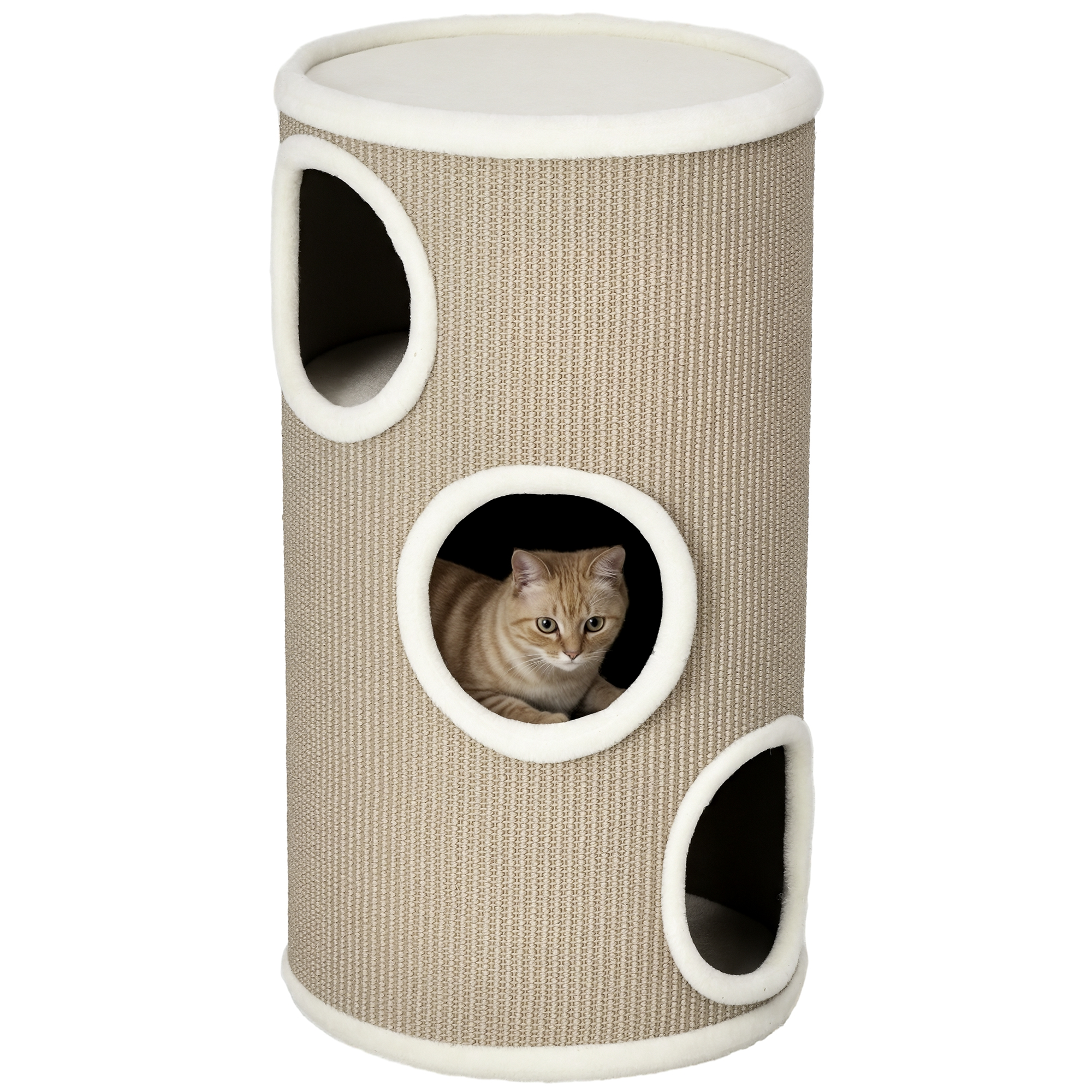 Un gatto è seduto all'interno di un tiragraffi cilindrico con più aperture.
