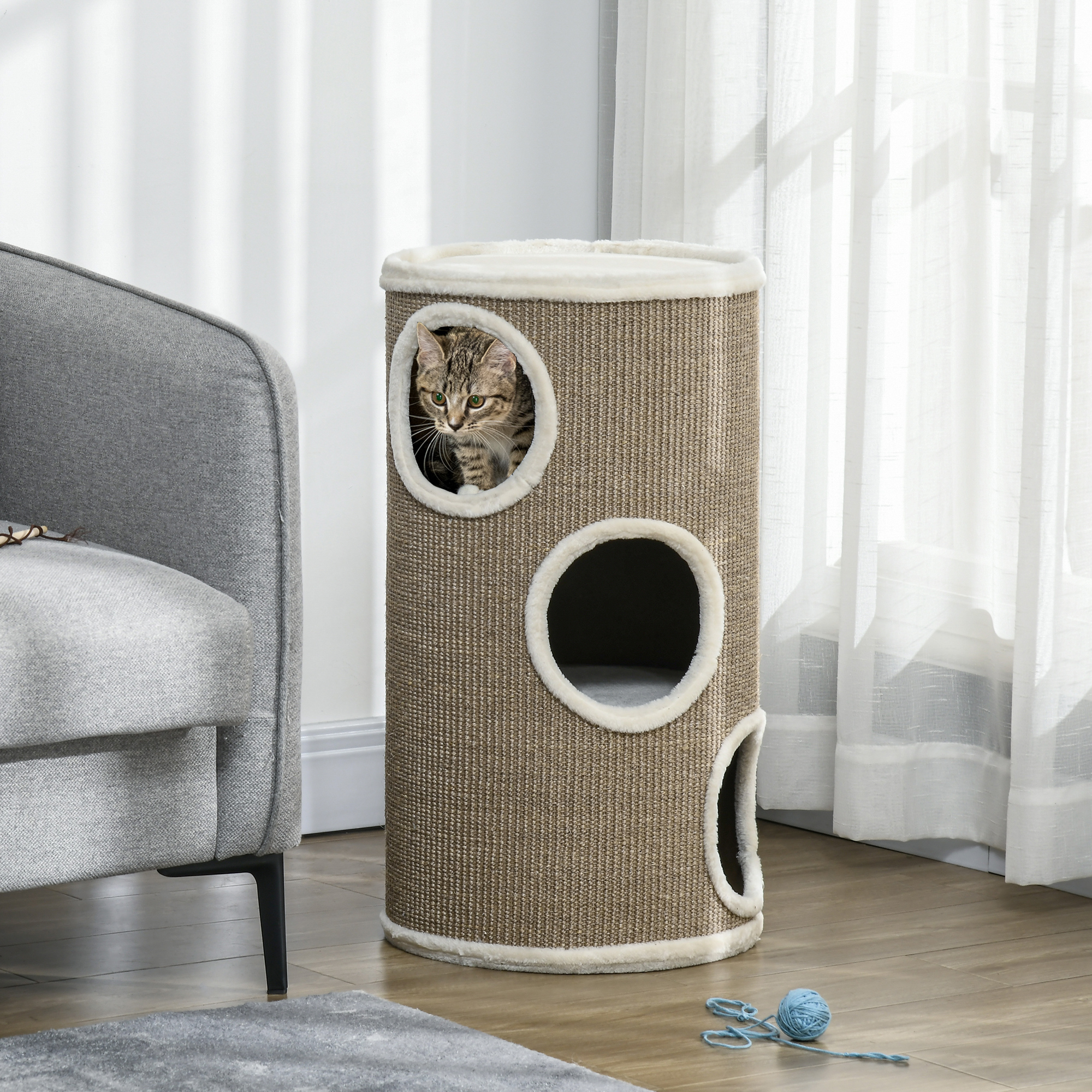 Un gatto spia da un tiragraffi a più livelli. Una palla di lana sul pavimento.