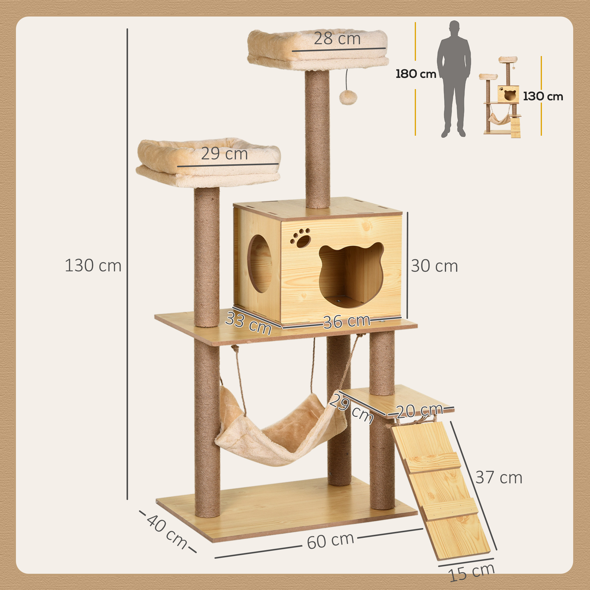 Albero tiragraffi a più livelli con amaca, cubo e piattaforme.