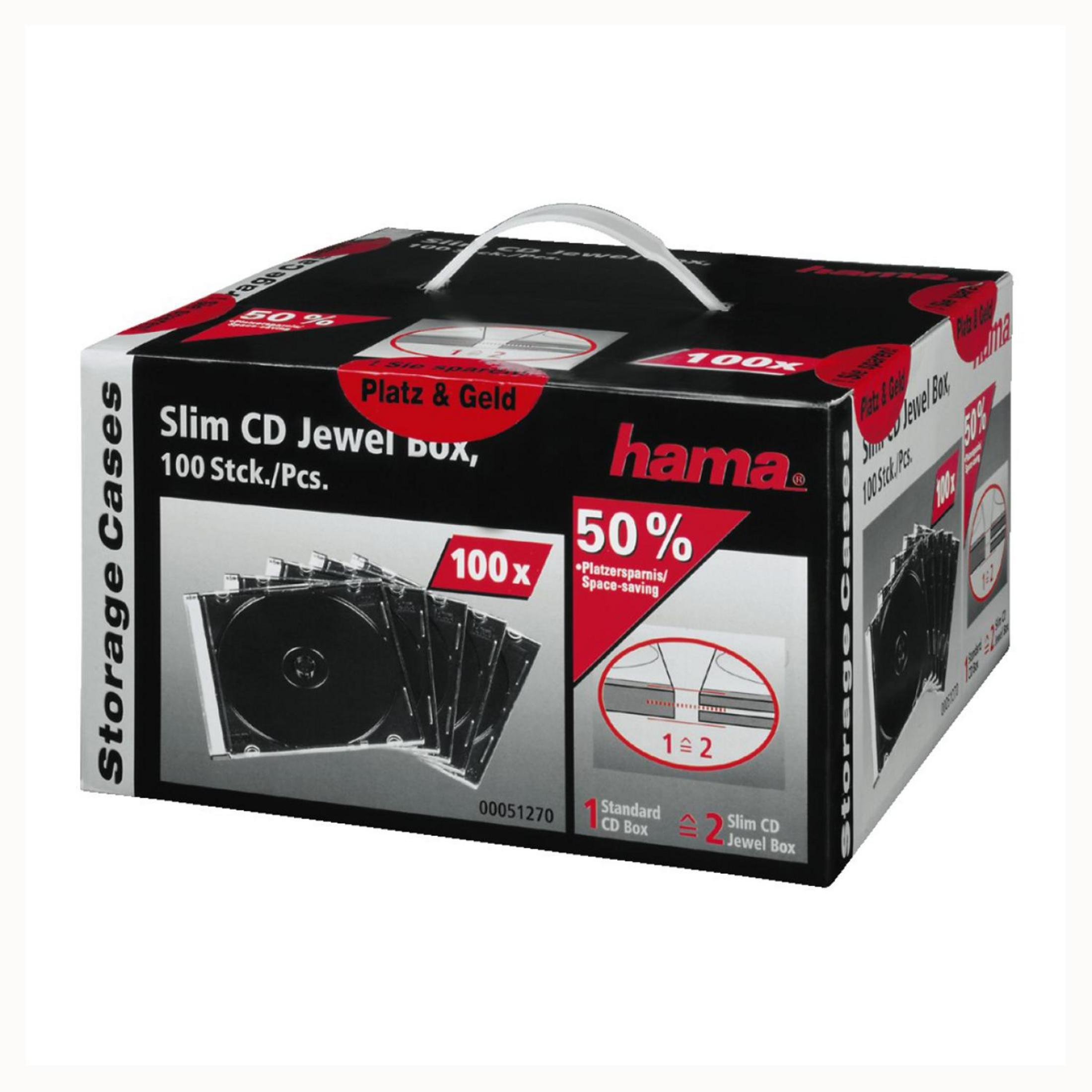 Boîte de 100 boîtiers CD Slim Jewel, marque Hama, design peu encombrant.