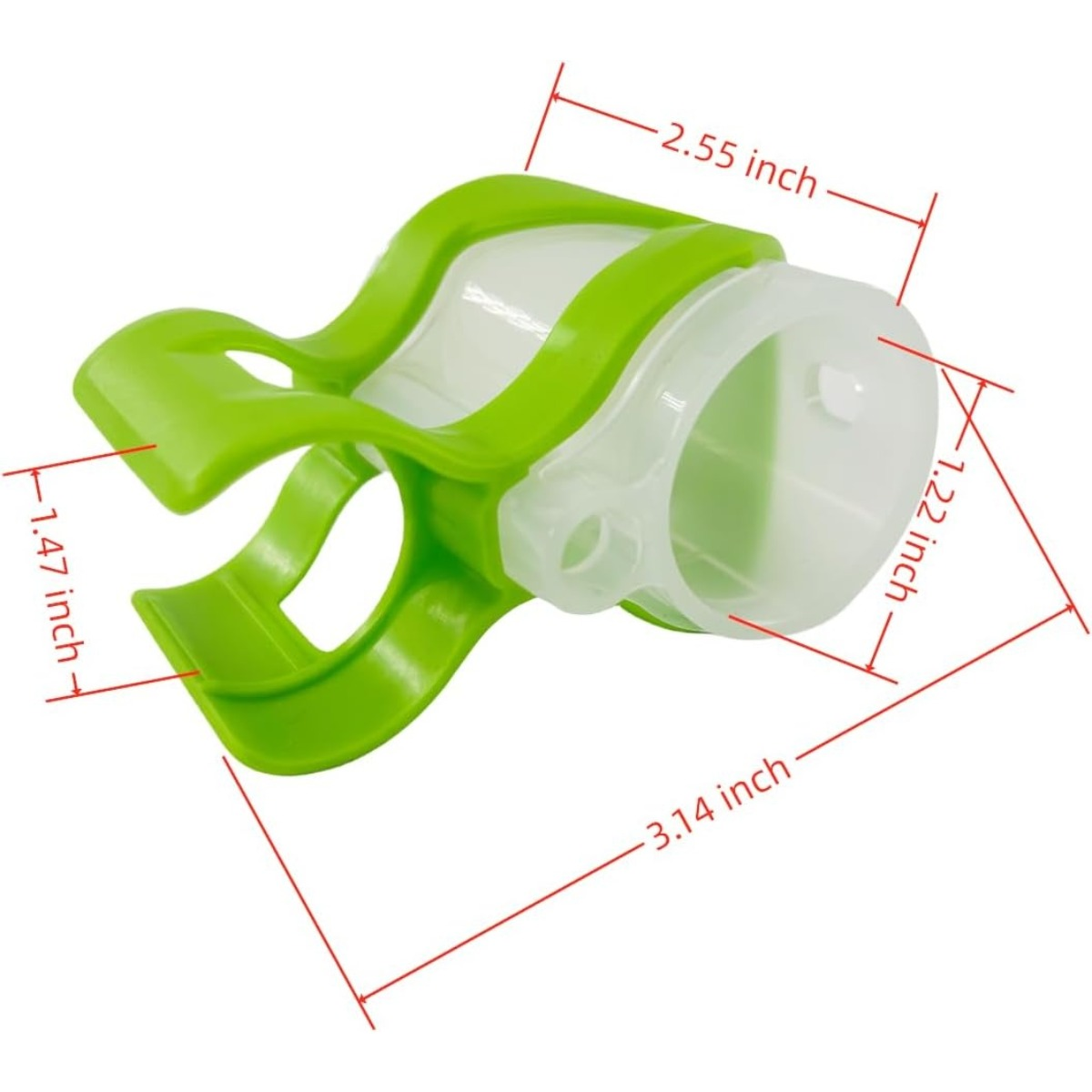 Un alimentatore di cibo in plastica verde e trasparente con dimensioni.