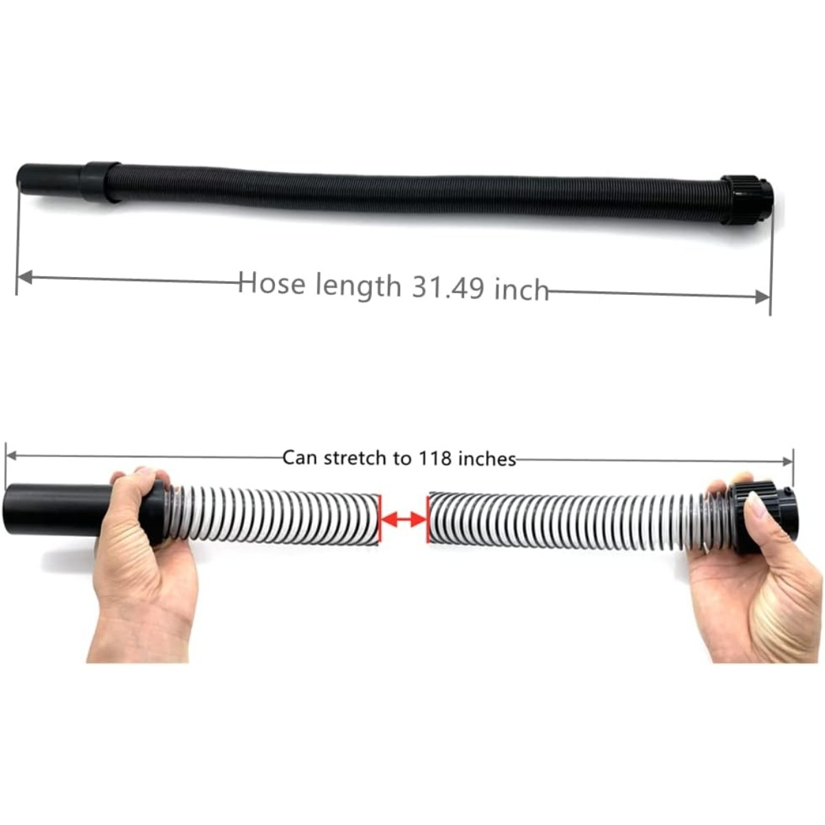 Schwarzer flexibler Schlauch, ausgefahren und eingefahren, misst 31,49 bis 118 Zoll.