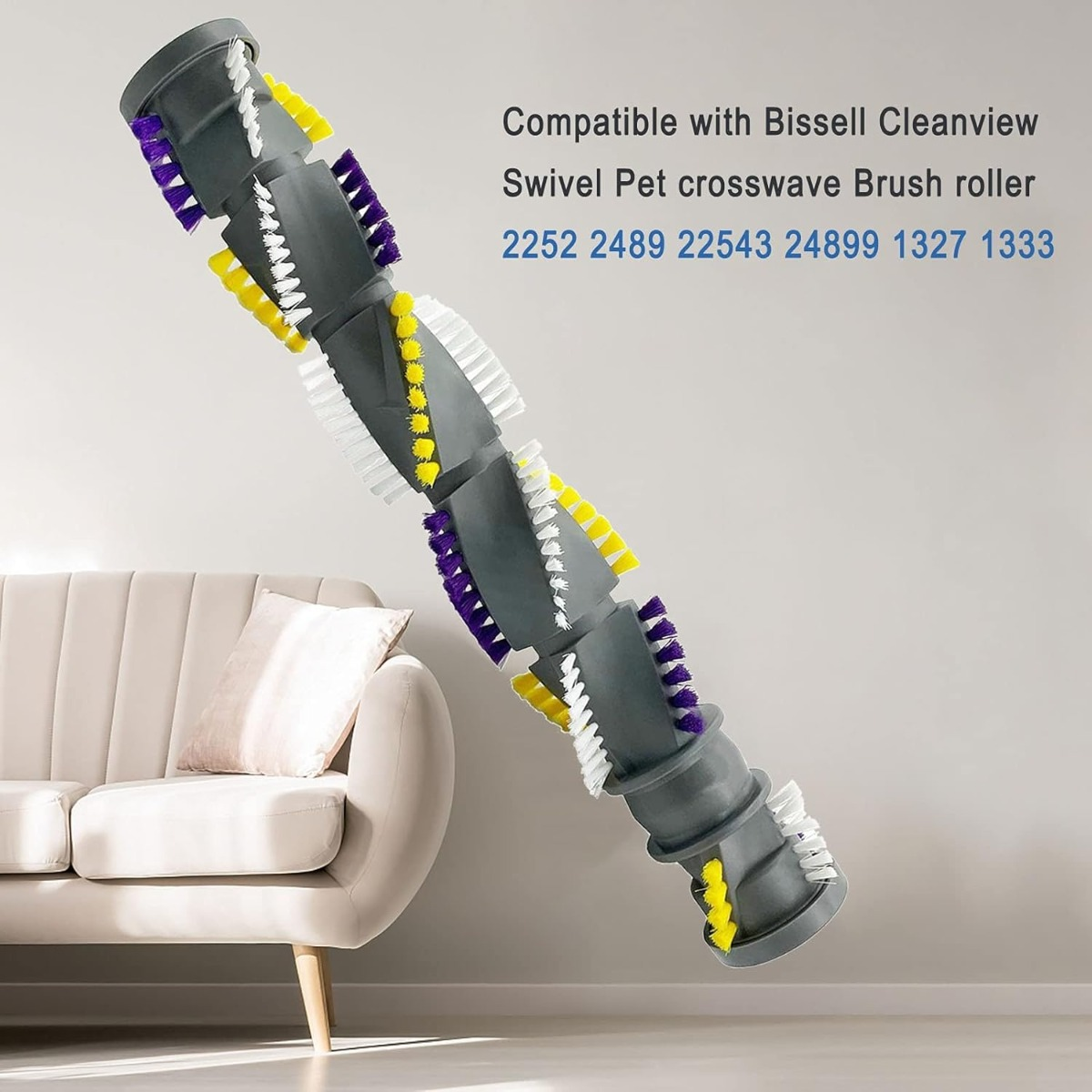 Rullo spazzola grigio con setole gialle, bianche e viola, compatibile Bissell.