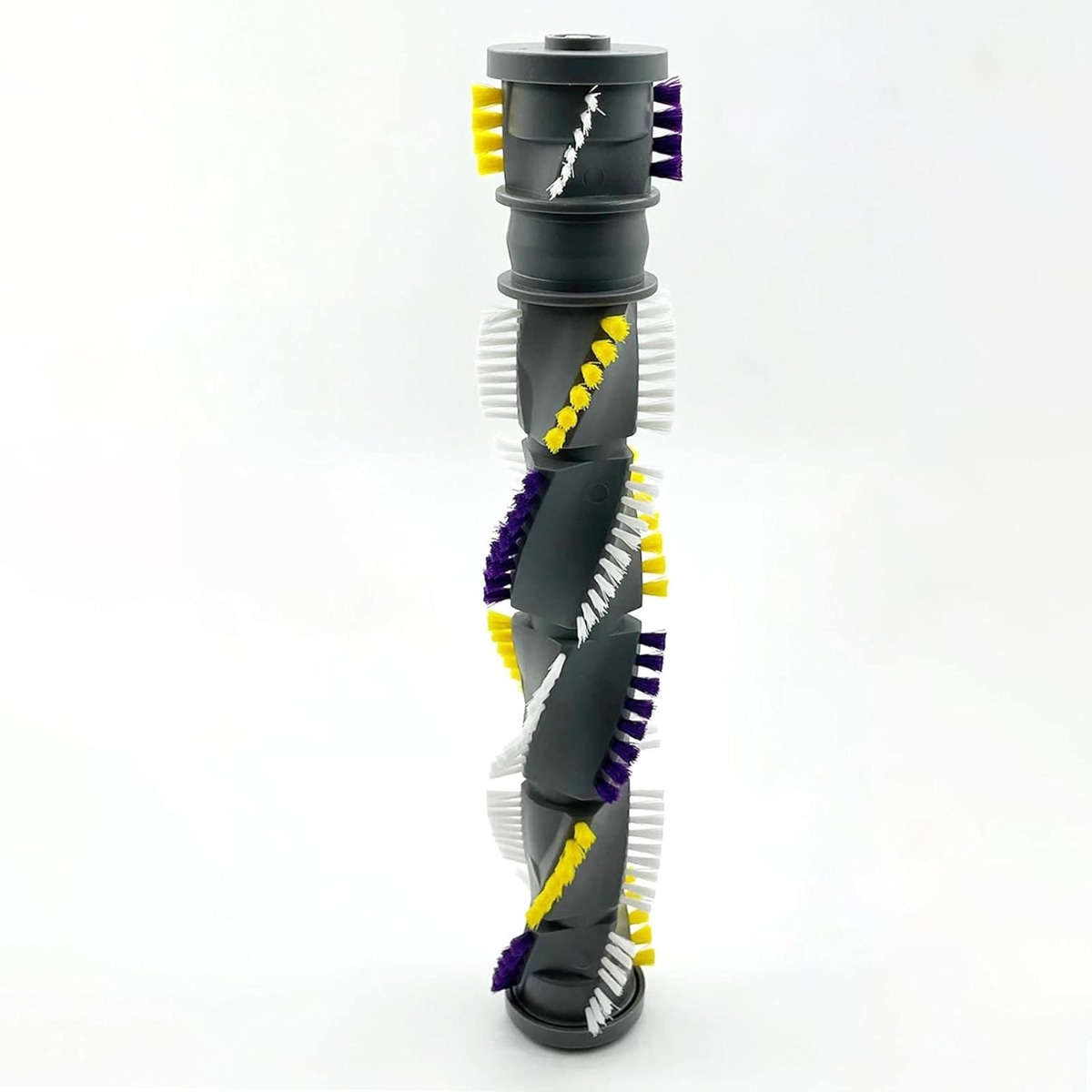 Un rullo spazzola scuro con setole bianche, gialle e viola a spirale.