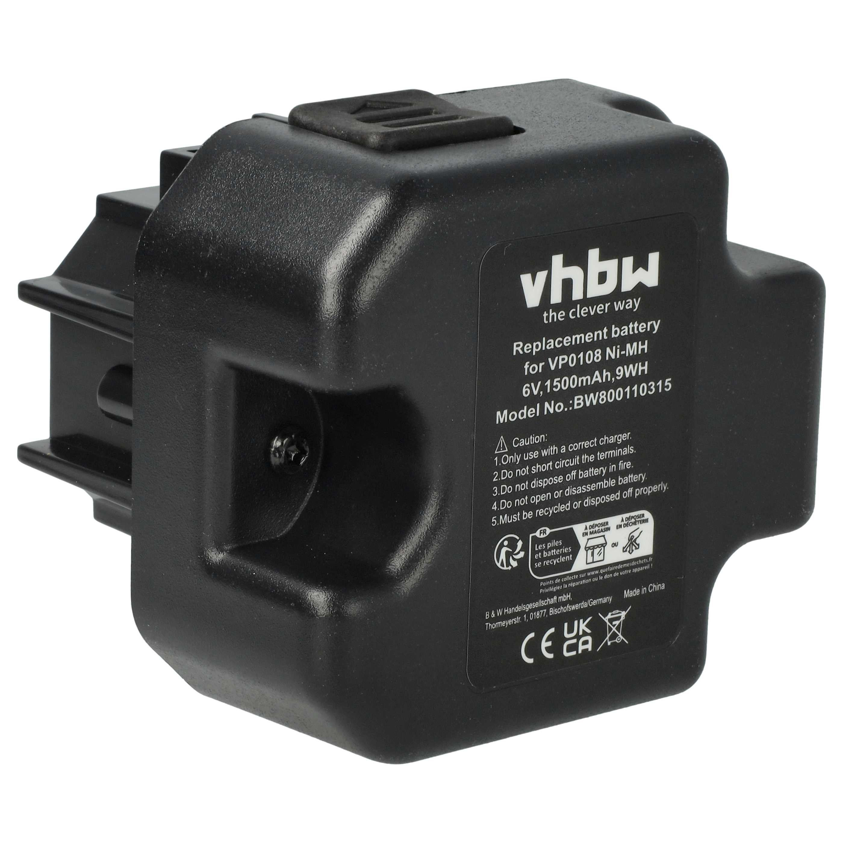 Schwarzer Ni-MH-Akku mit weißen Aufdrucken für VP0108, 6V, 1500mAh.