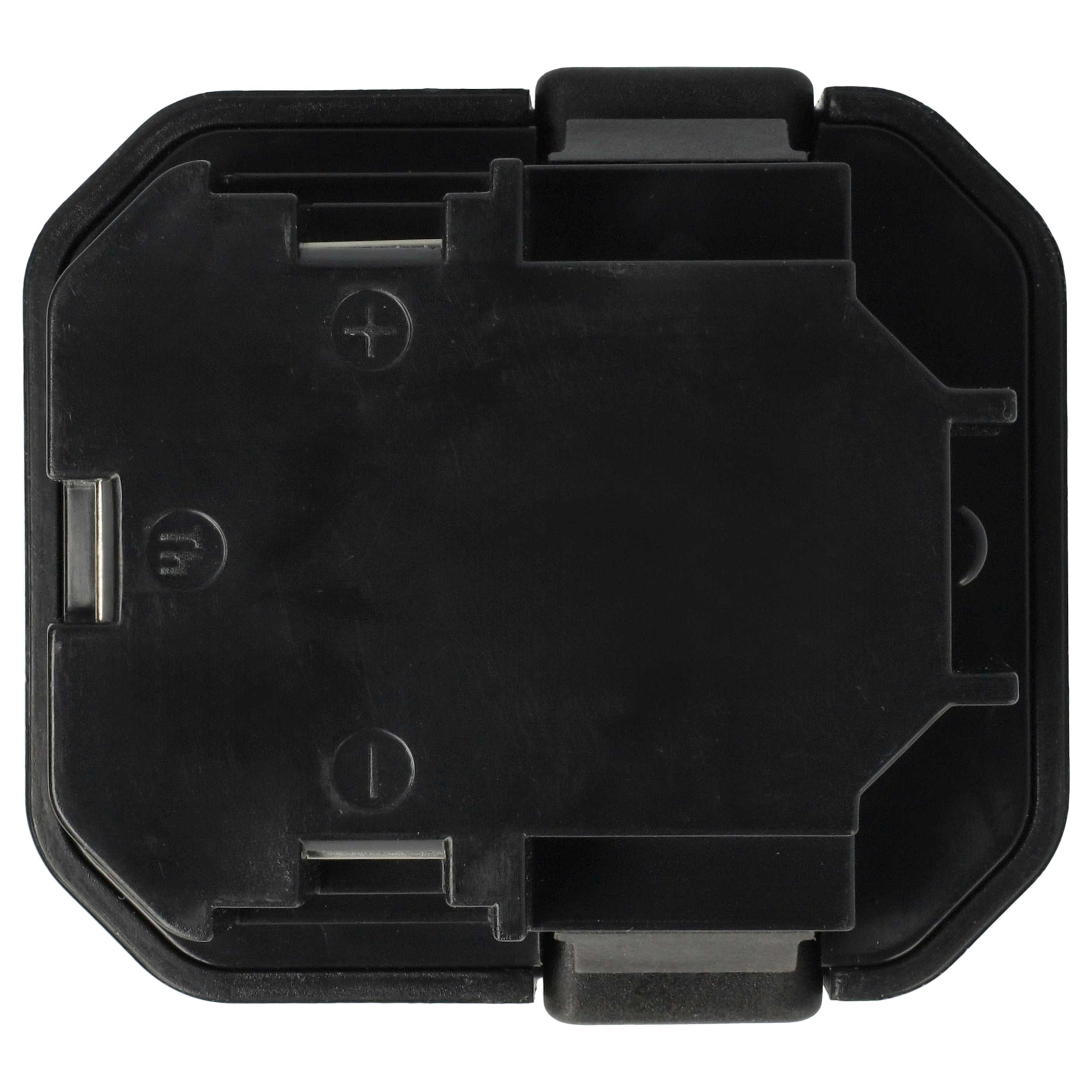 Schwarzer Batterieadapter mit Metallkontakten und Verriegelungsmechanismus.