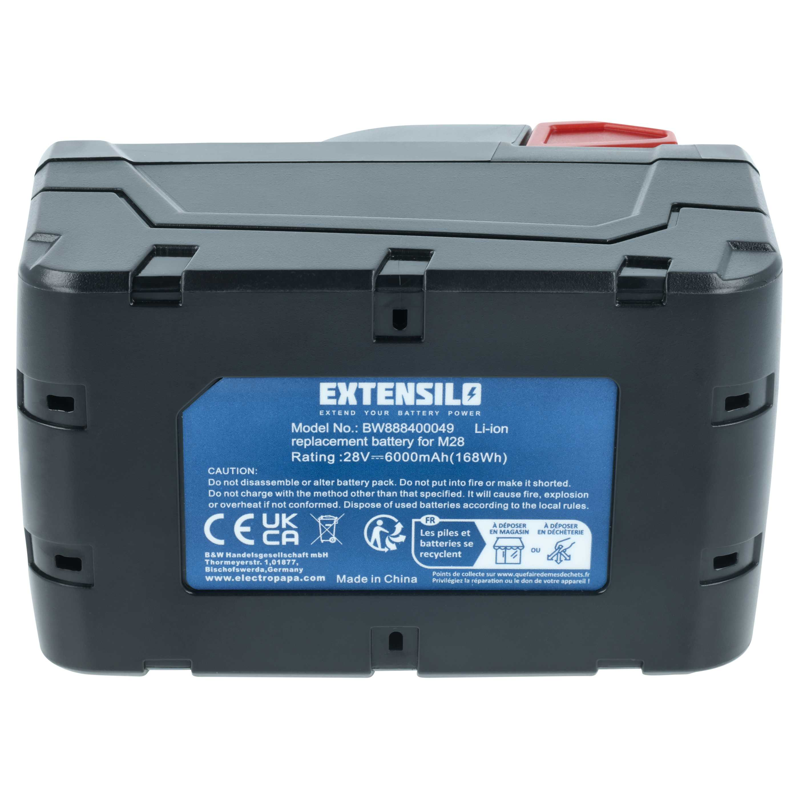 Schwarzer Lithium-Ionen-Akku mit blauer Beschriftung, 28V 6000mAh.