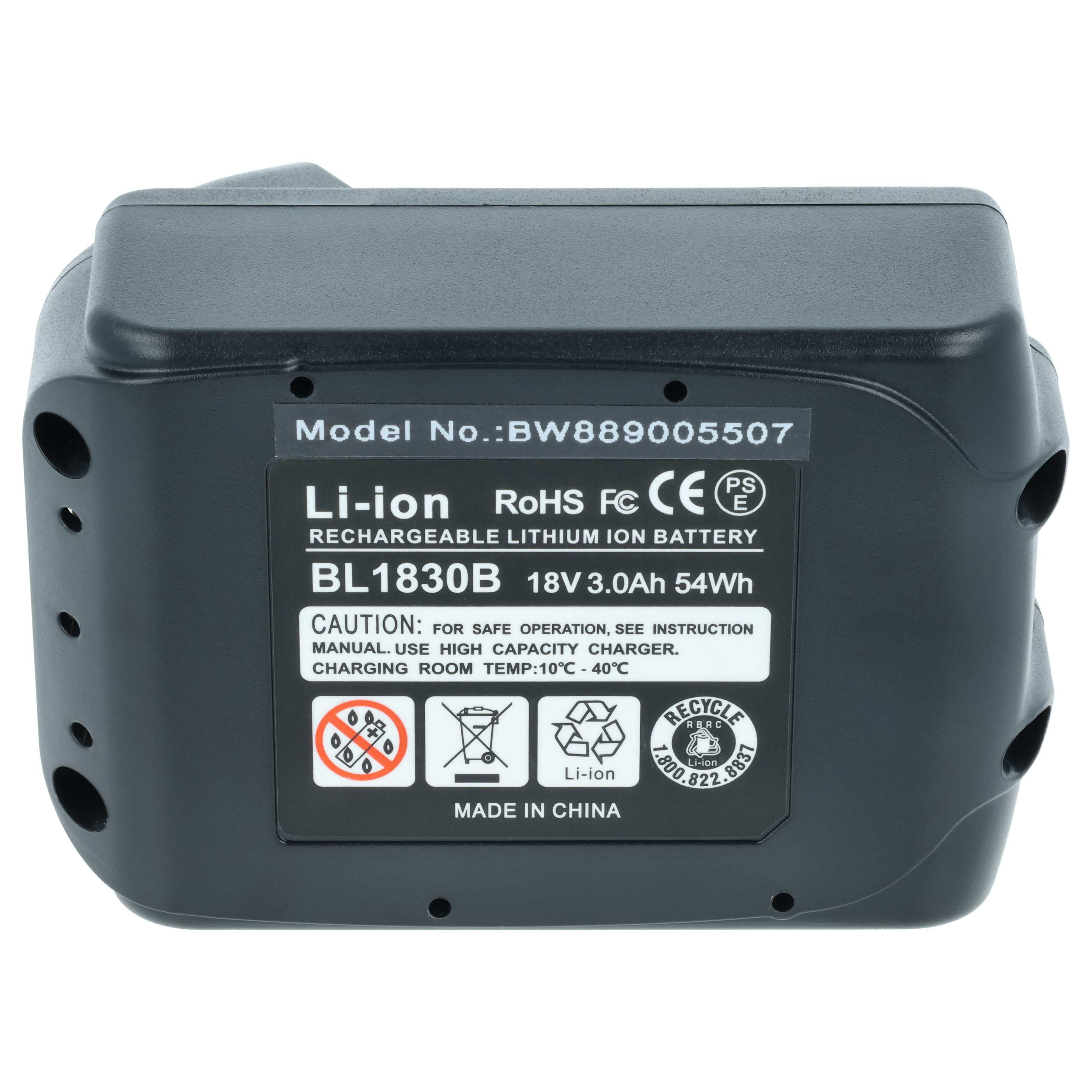 Schwarzer Lithium-Ionen-Akku, Modell BL1830B, 18V, 3.0Ah, 54Wh.