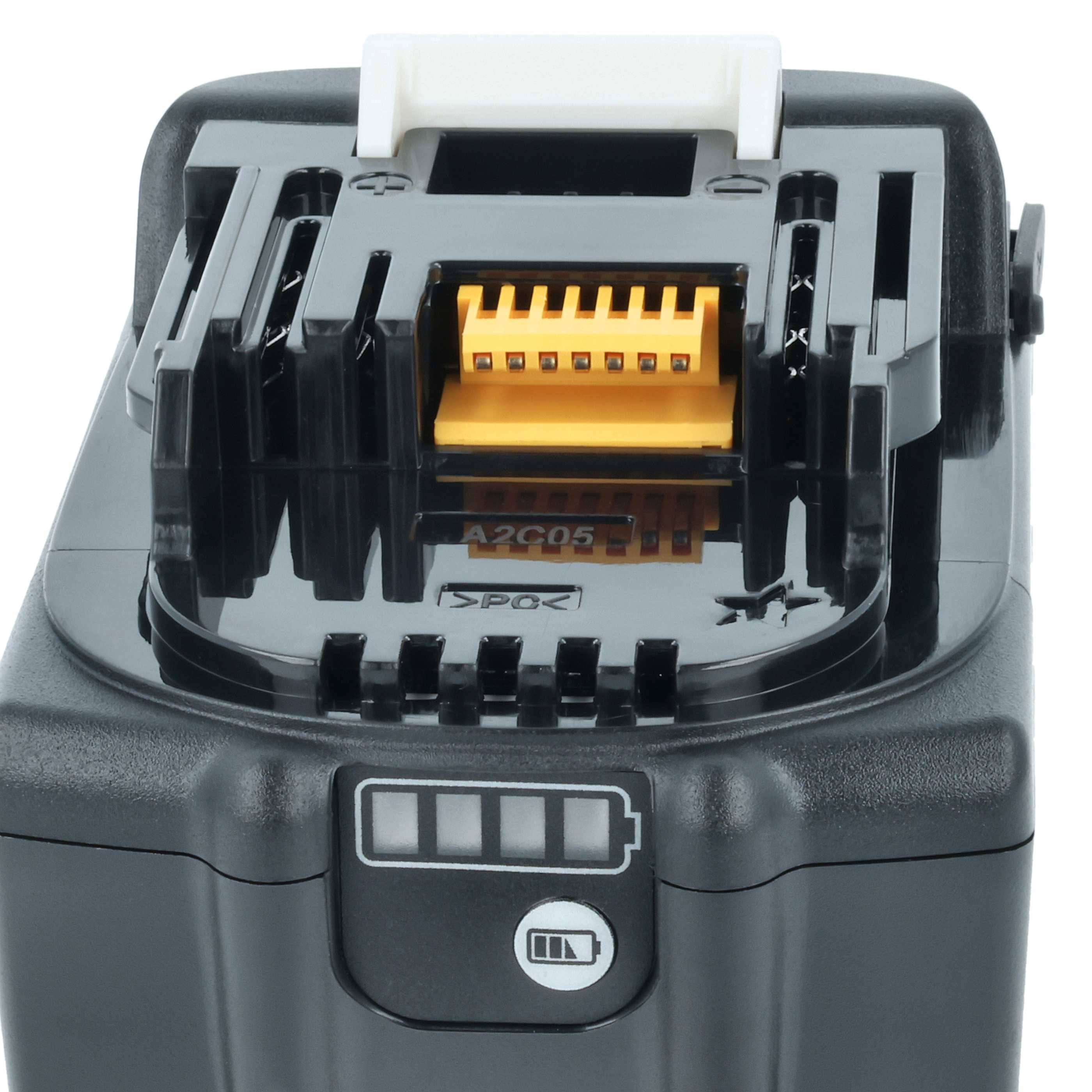 Schwarzer Akku mit gelbem Anschluss und Batterieanzeige im Detail.