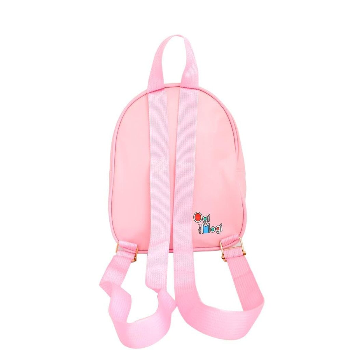 Una pequeña mochila rosa con dos correas y un logo.