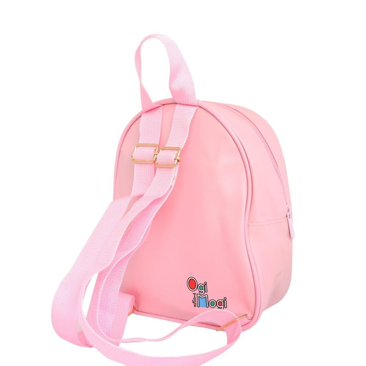 Una mochila rosa pequeña con correas rosas y hebillas doradas.