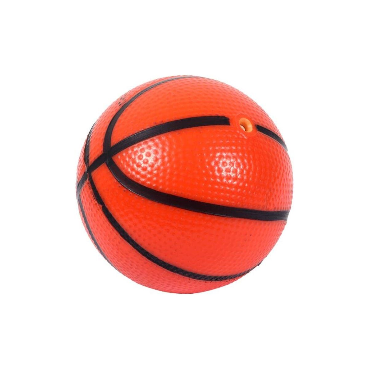 Una pelota de baloncesto naranja pequeña con líneas negras y un agujero, sobre fondo blanco.