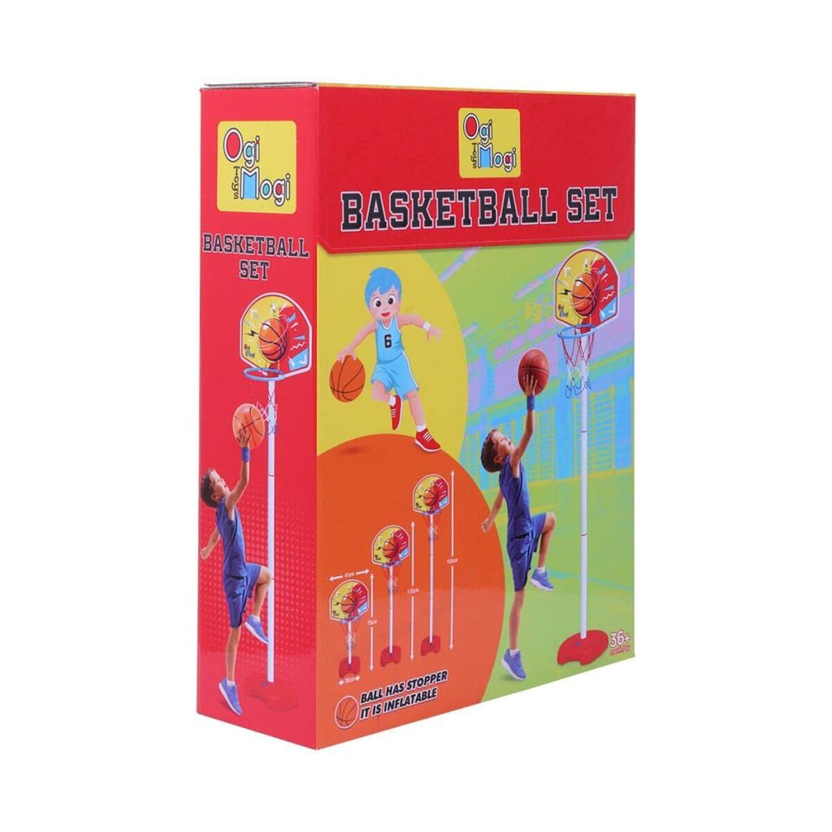 Caja de un set de baloncesto con niños jugando.