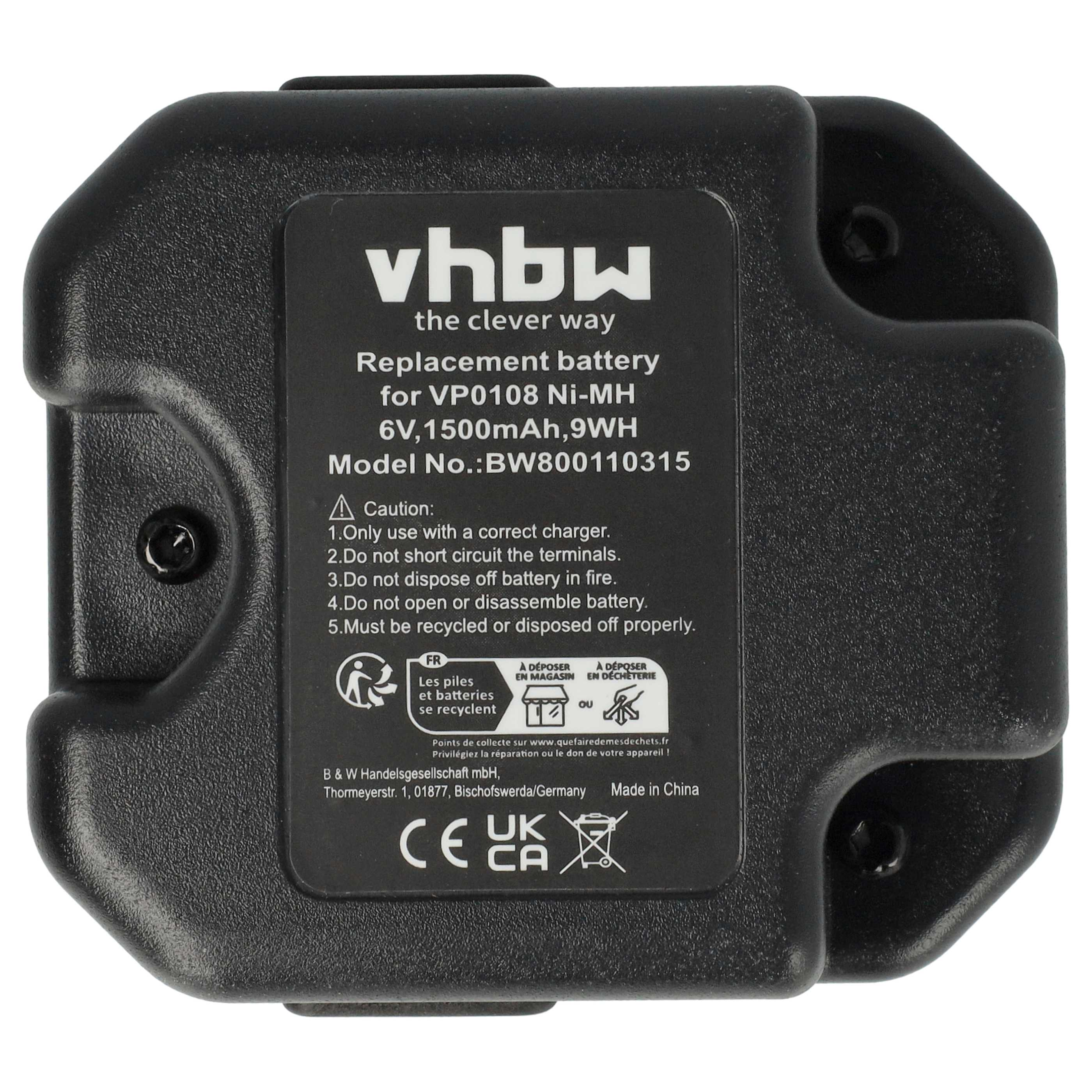 Schwarzer Ni-MH Akku für VP0108, 6V, 1500mAh, mit Warnhinweisen und Recycling-Symbolen.