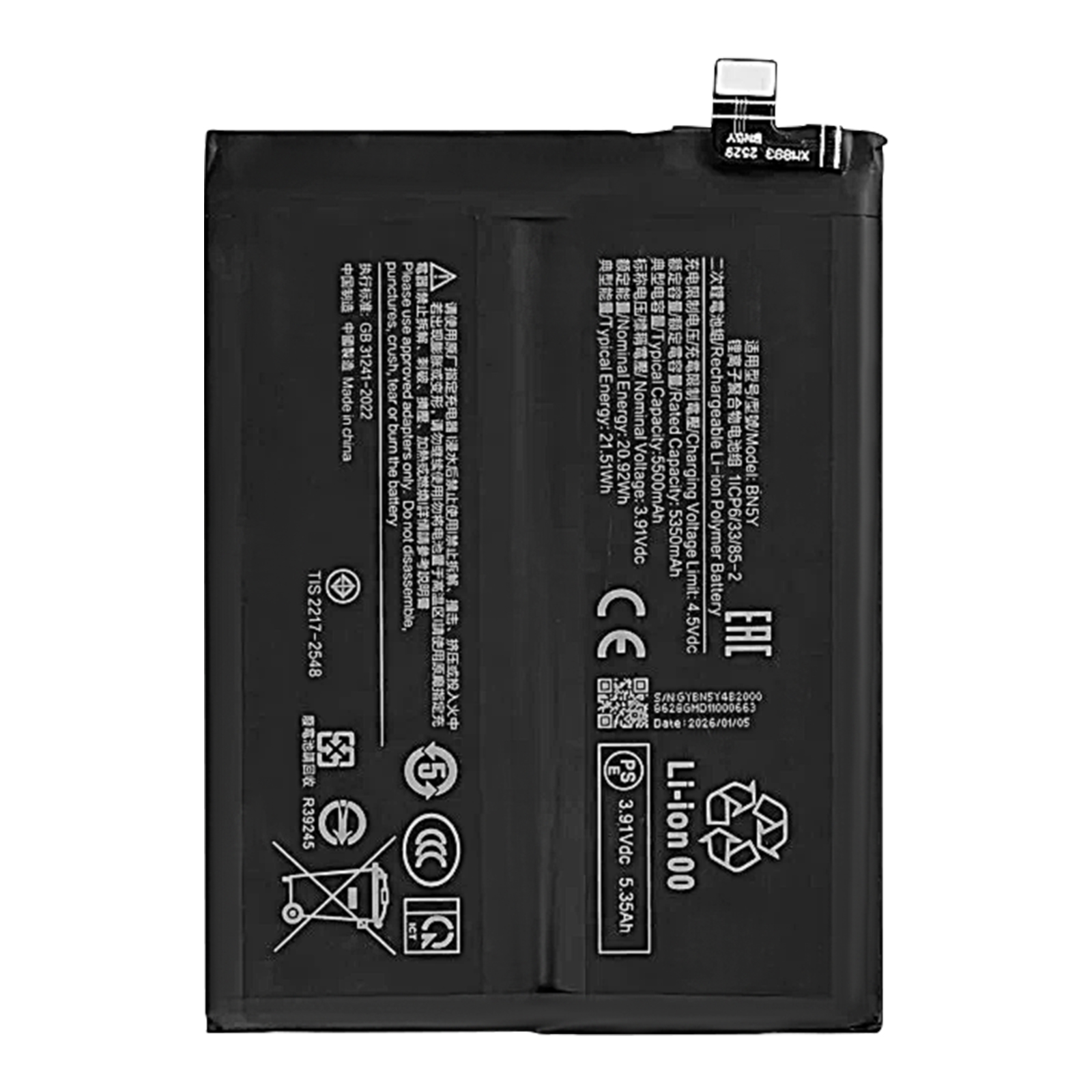 Batteria Li-ion nera, modello BN5Y, capacità 5500mAh, con avvertenze.