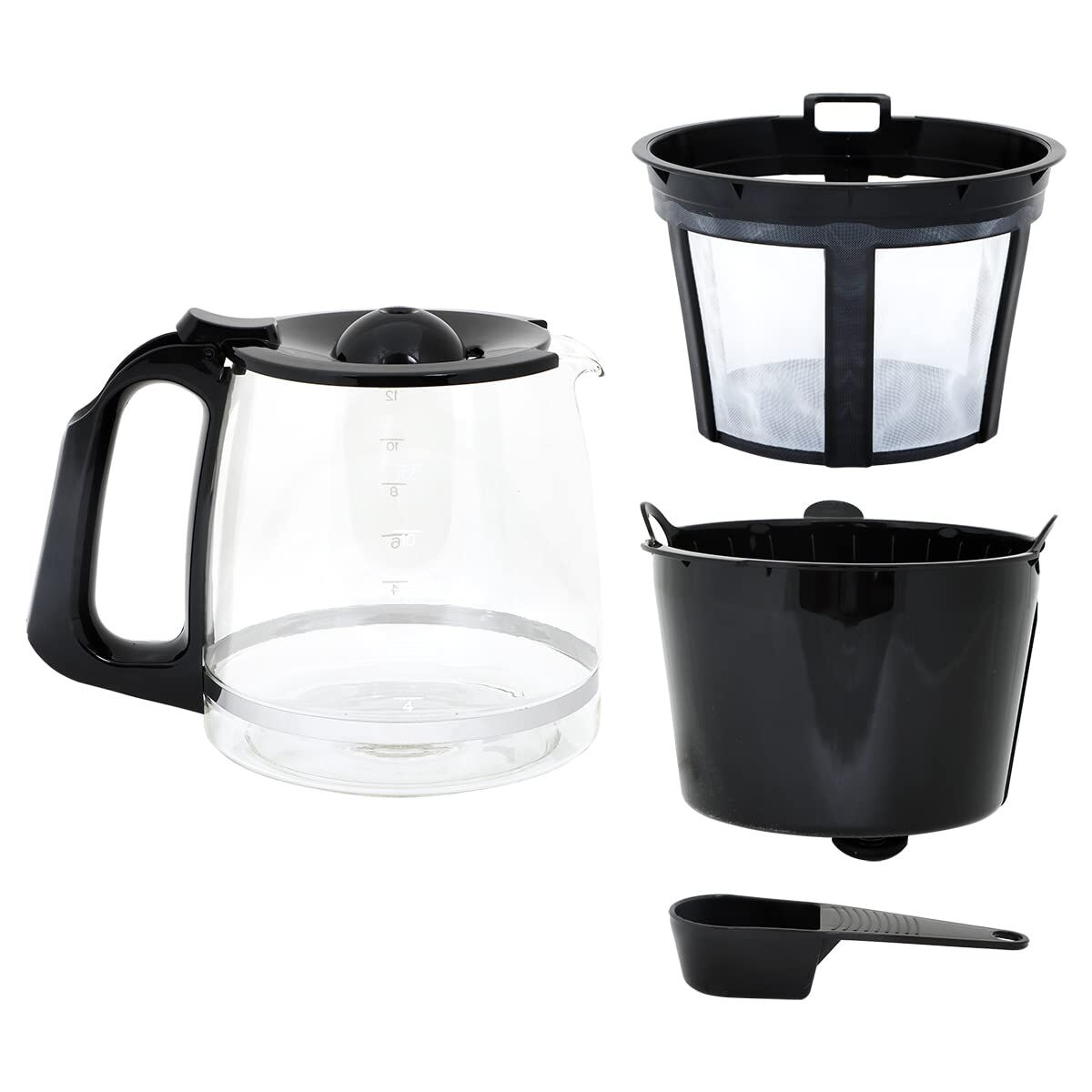 Jarra de café de vidrio con asa, portafiltro, inserto y cuchara sobre blanco.