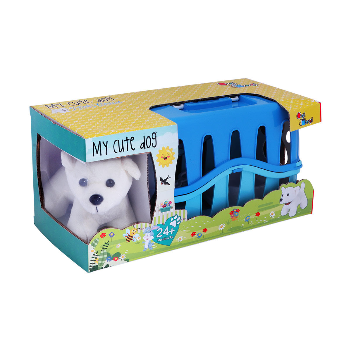 Un perro de peluche blanco dentro de un transportín azul con gráficos coloridos.