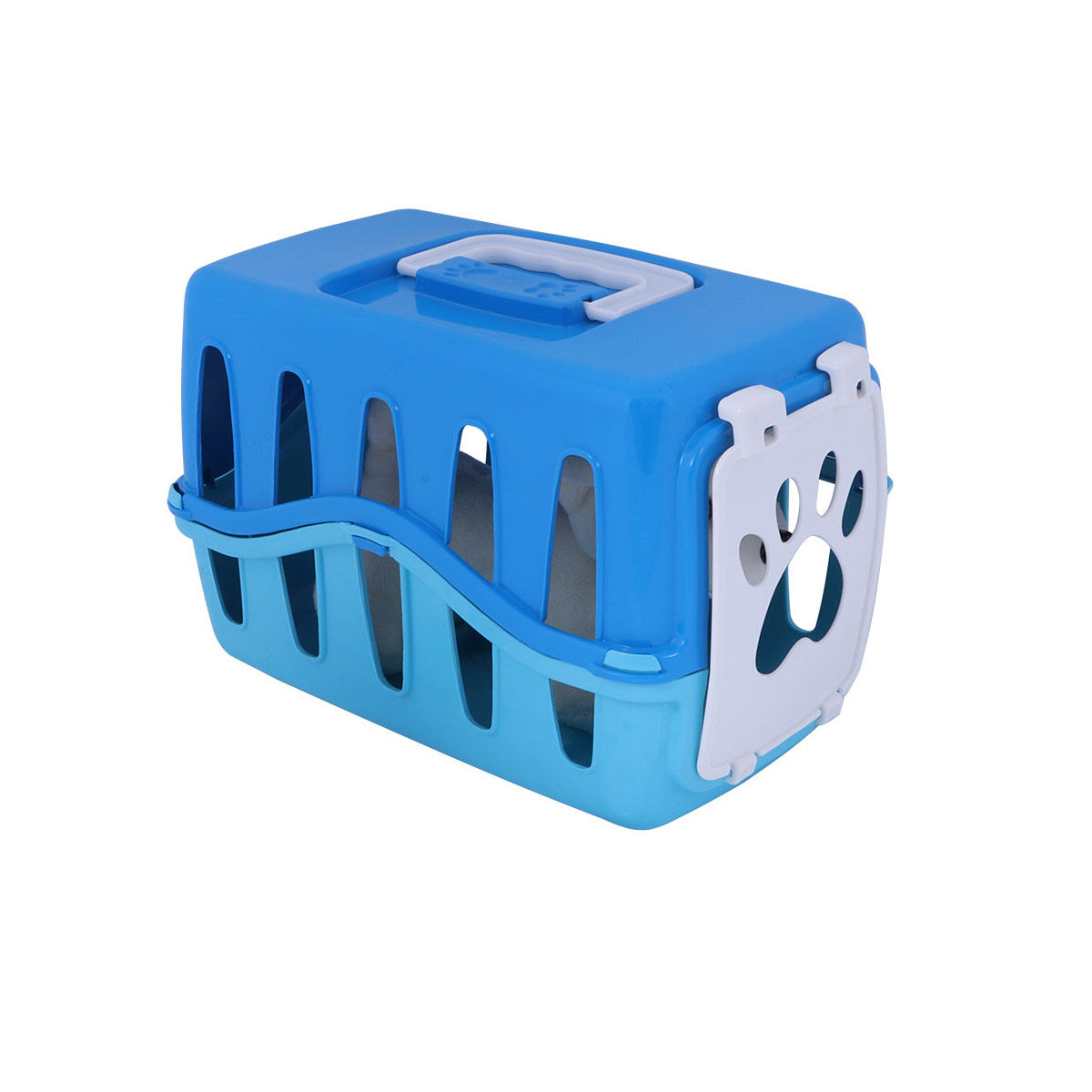 Un transportín azul y azul claro con asa blanca y puerta con huella de pata.
