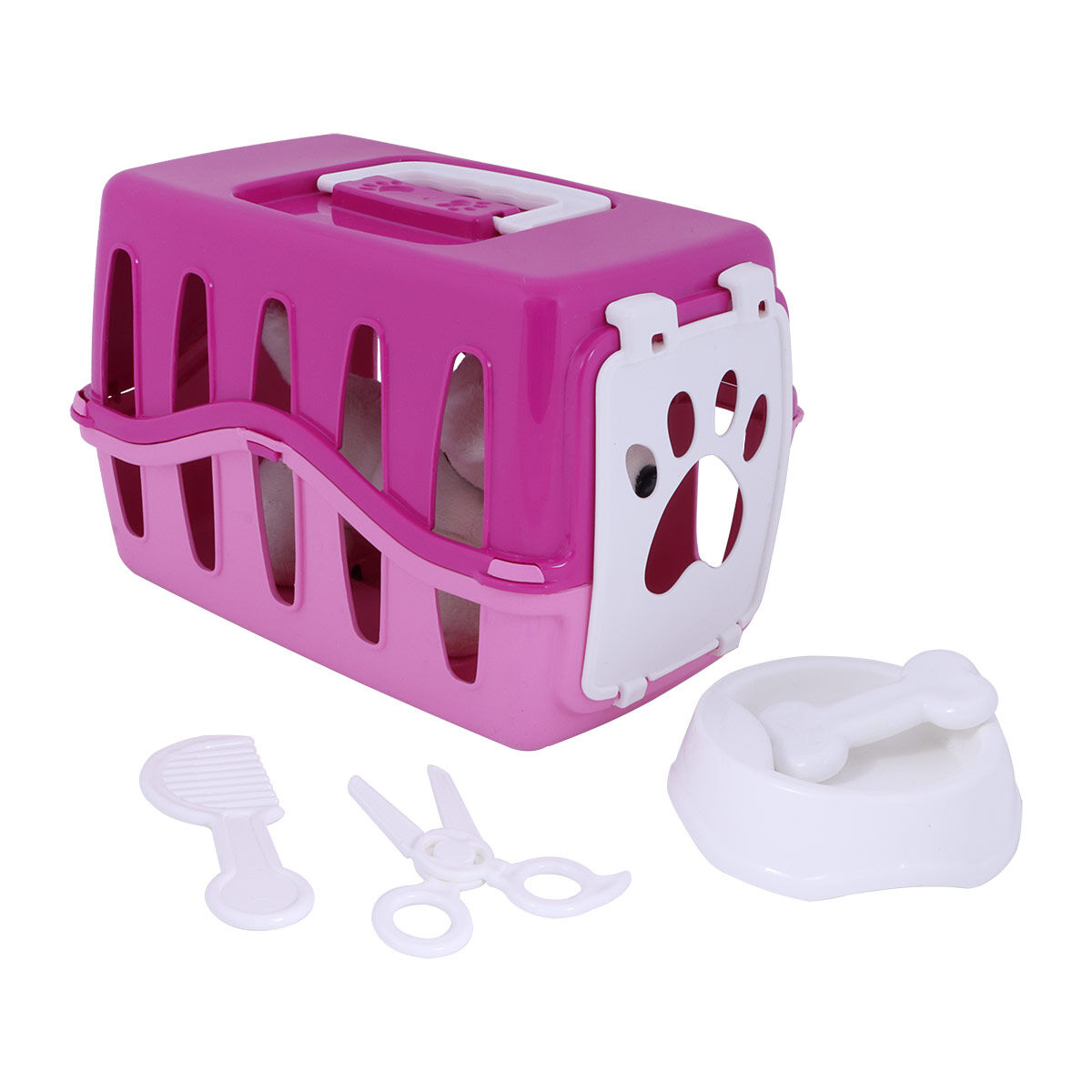 Un transportín de juguete rosa con accesorios: peine, tijeras y cuenco.