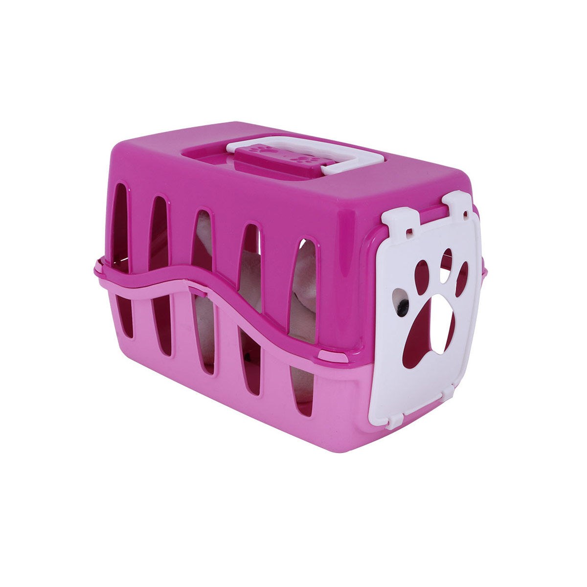 Transportín rosa para mascotas con asa blanca y puerta blanca con huella de pata.
