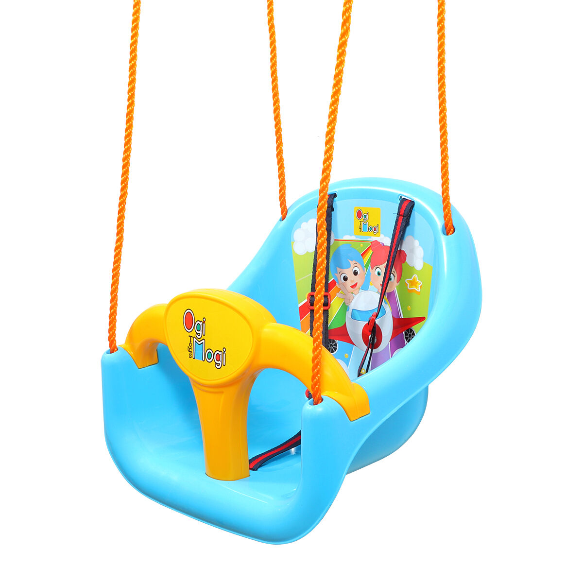 Columpio azul para bebé con volante amarillo y decoración de avión.