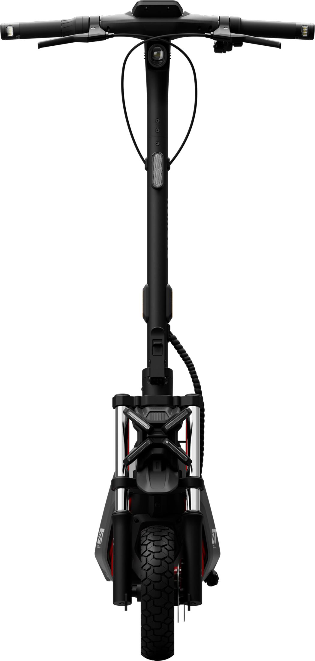 Vista frontale di uno scooter elettrico nero con manubrio largo e gomma.