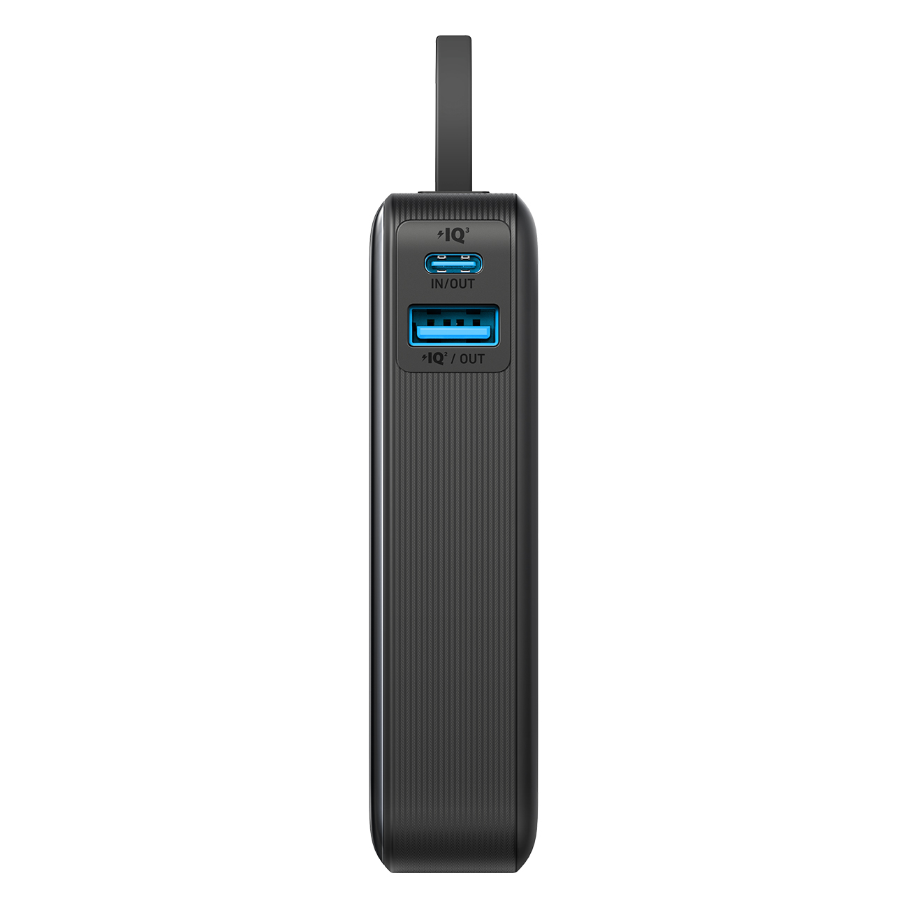 Batterie externe noire avec ports USB-C et USB-A et indicateur LED.