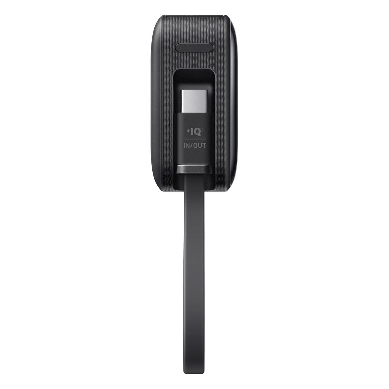 Adaptateur de charge noir avec câble USB-C et logo "IQ³ IN/OUT".