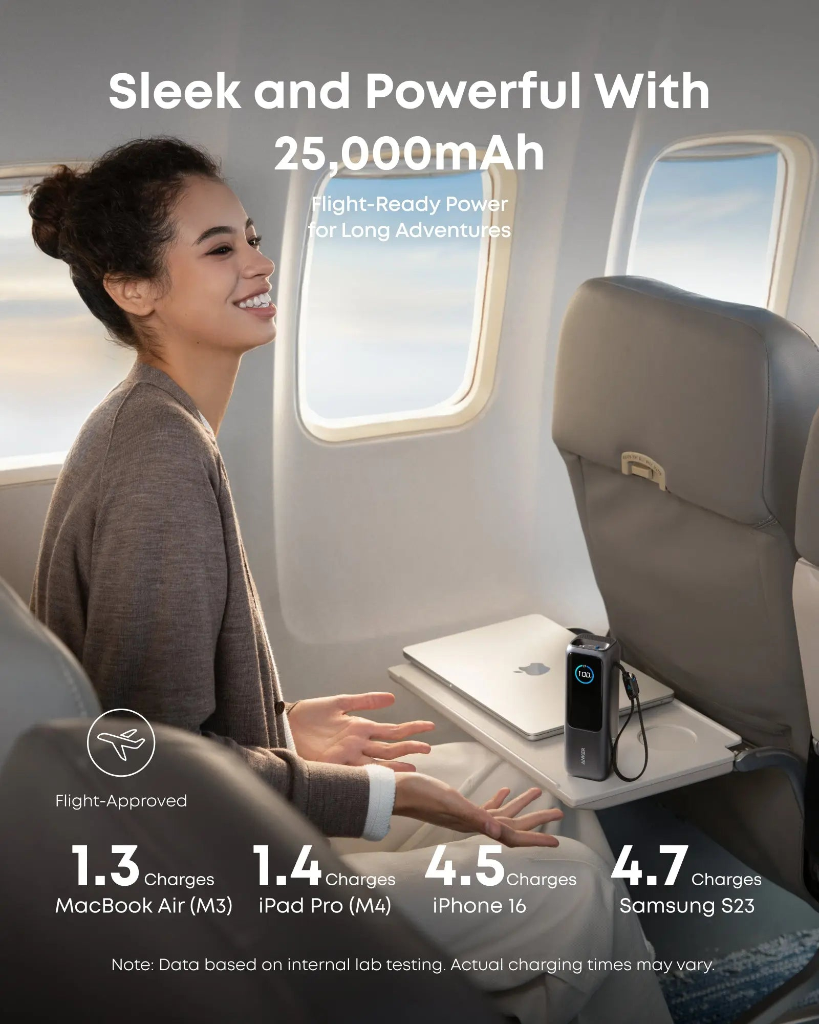 Donna in aereo con power bank, laptop e finestrini dell'aereo.