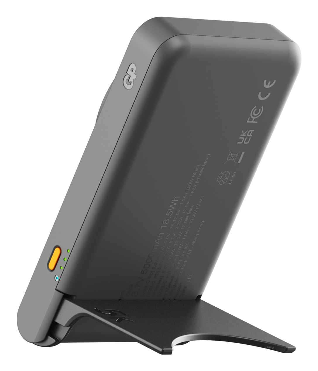 Grauer Powerbank mit Ständer, USB-C und Ladeanzeige.