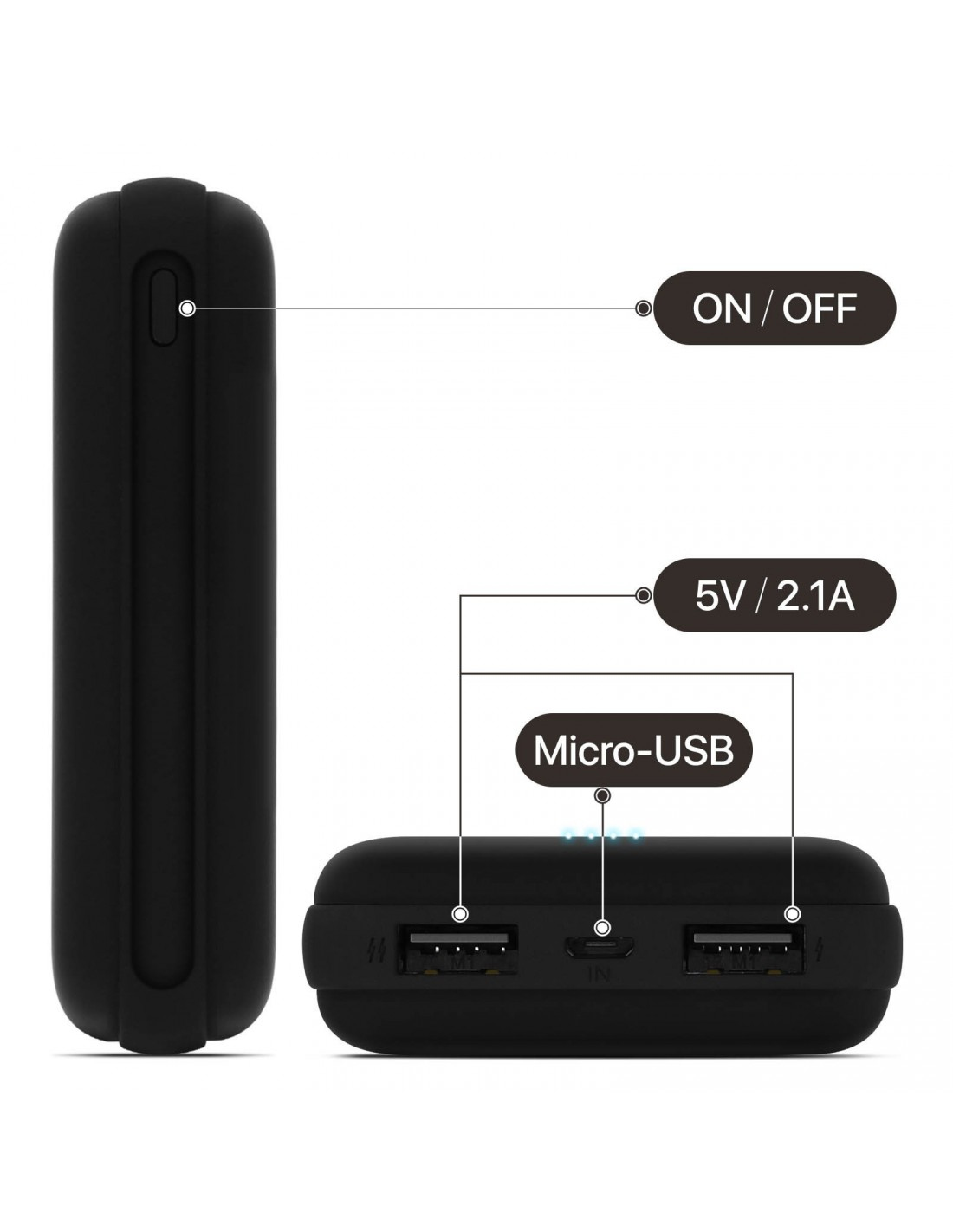 Power bank nera vista di lato e di fronte. Ha pulsante ON/OFF e porte Micro-USB.