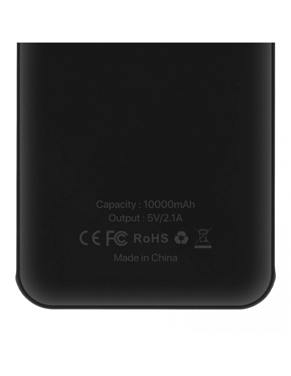 Custodia nera con capacità 10000mAh, uscita 5V/2.1A, CE, FC, RoHS.