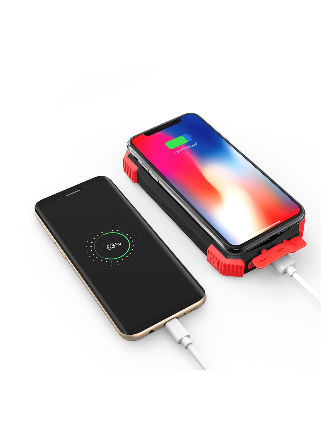 Zwei Smartphones werden an ein schwarzes und rotes Ladegerät angeschlossen.