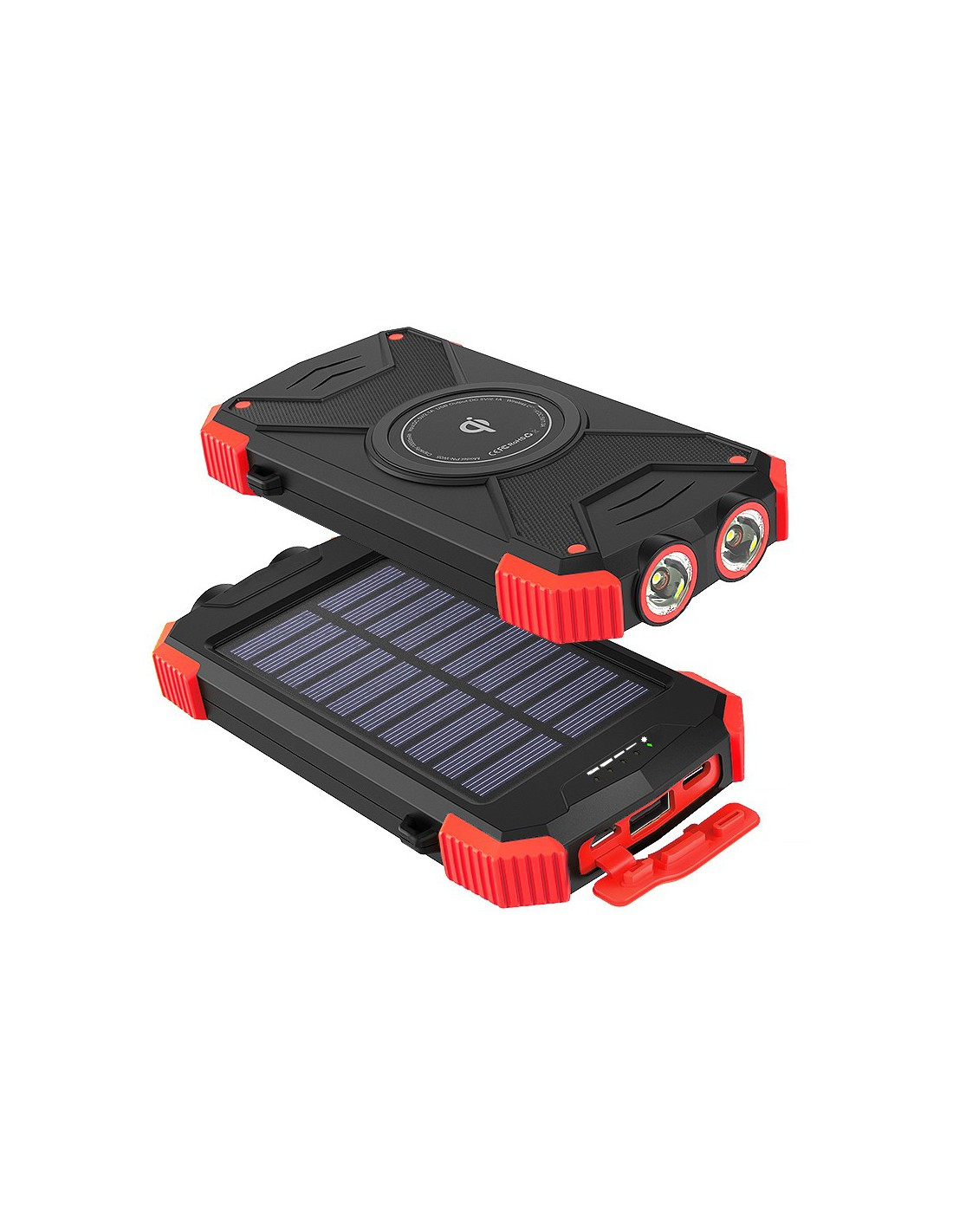 Schwarzes Solar-Ladegerät mit roten Akzenten, zwei Taschenlampen und USB-Anschlüssen.