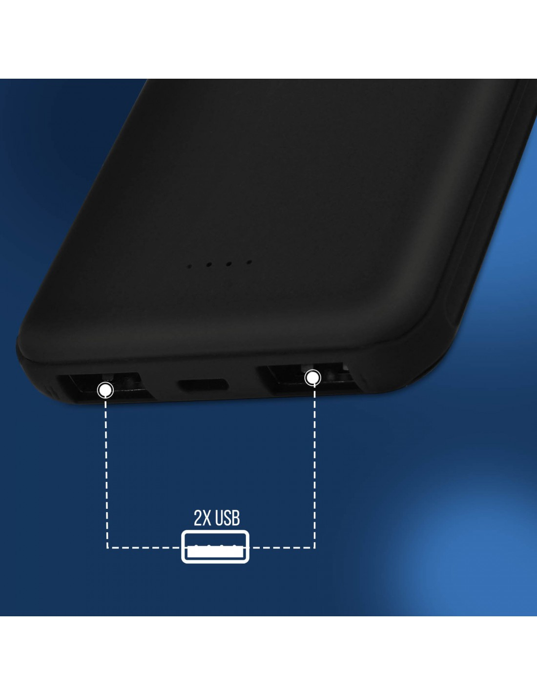Power bank nera con due porte USB e spie luminose.