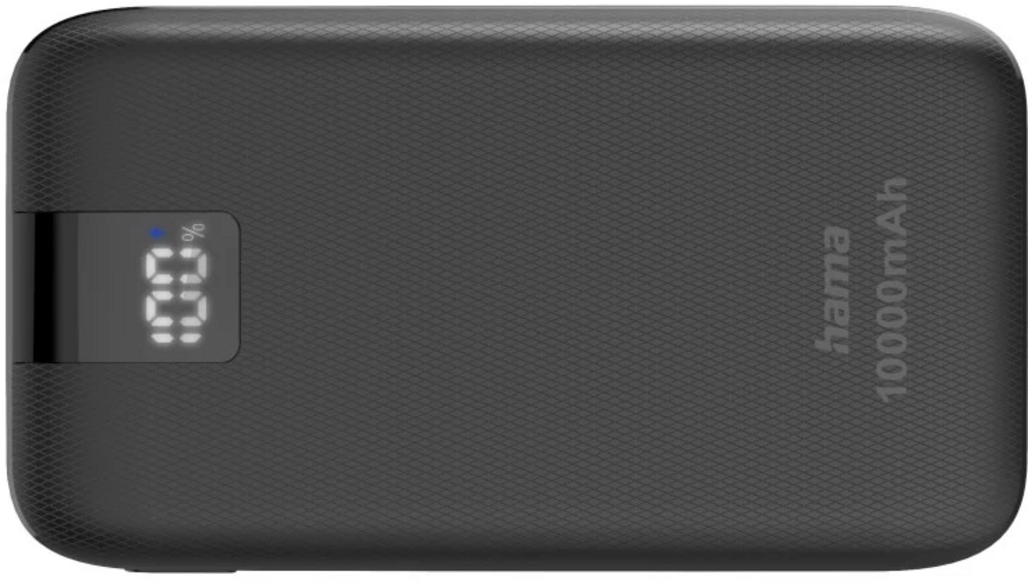 Power bank nero con capacità di 10000mAh e display digitale.