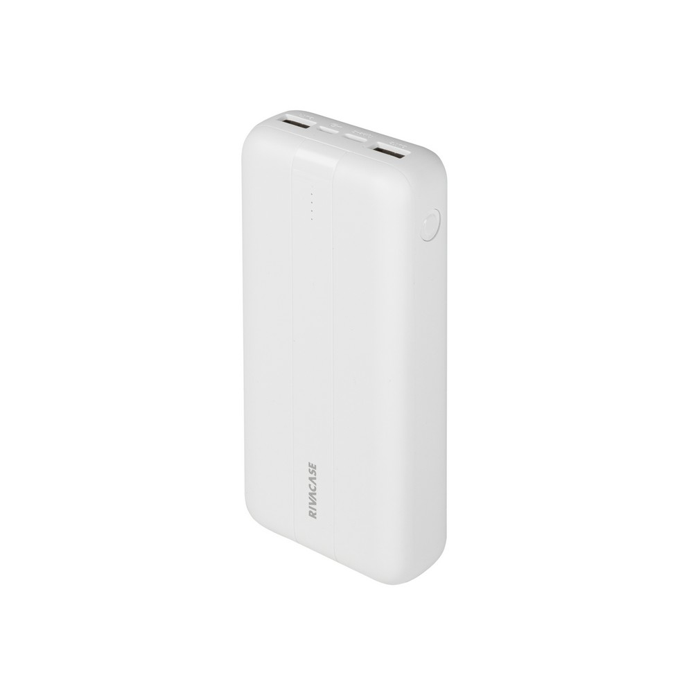 Un power bank RIVACASE bianco con porte di ricarica in alto e un pulsante rotondo sul lato.