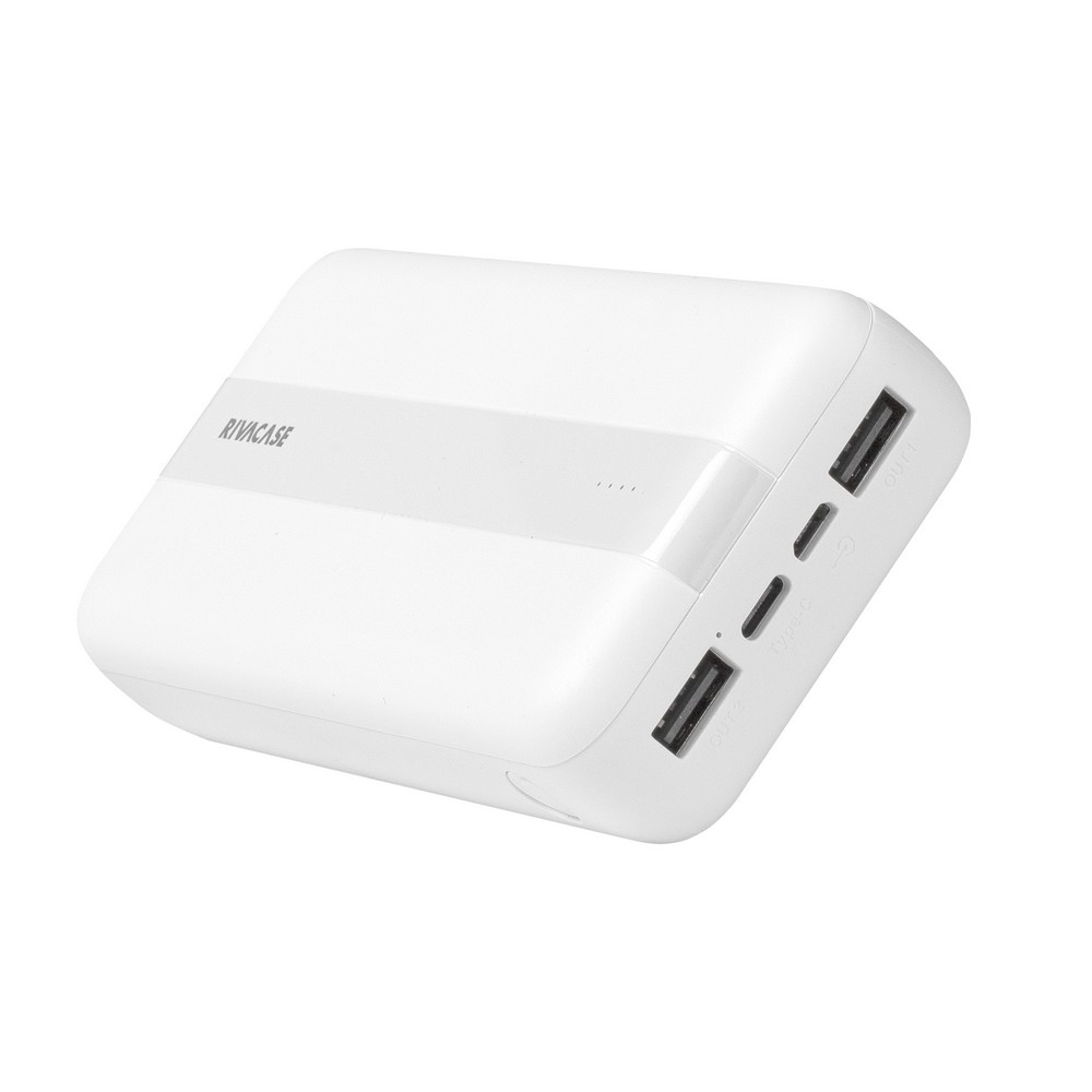 Power bank bianco Rivacase con porte USB-A, USB-C e luci indicatori.