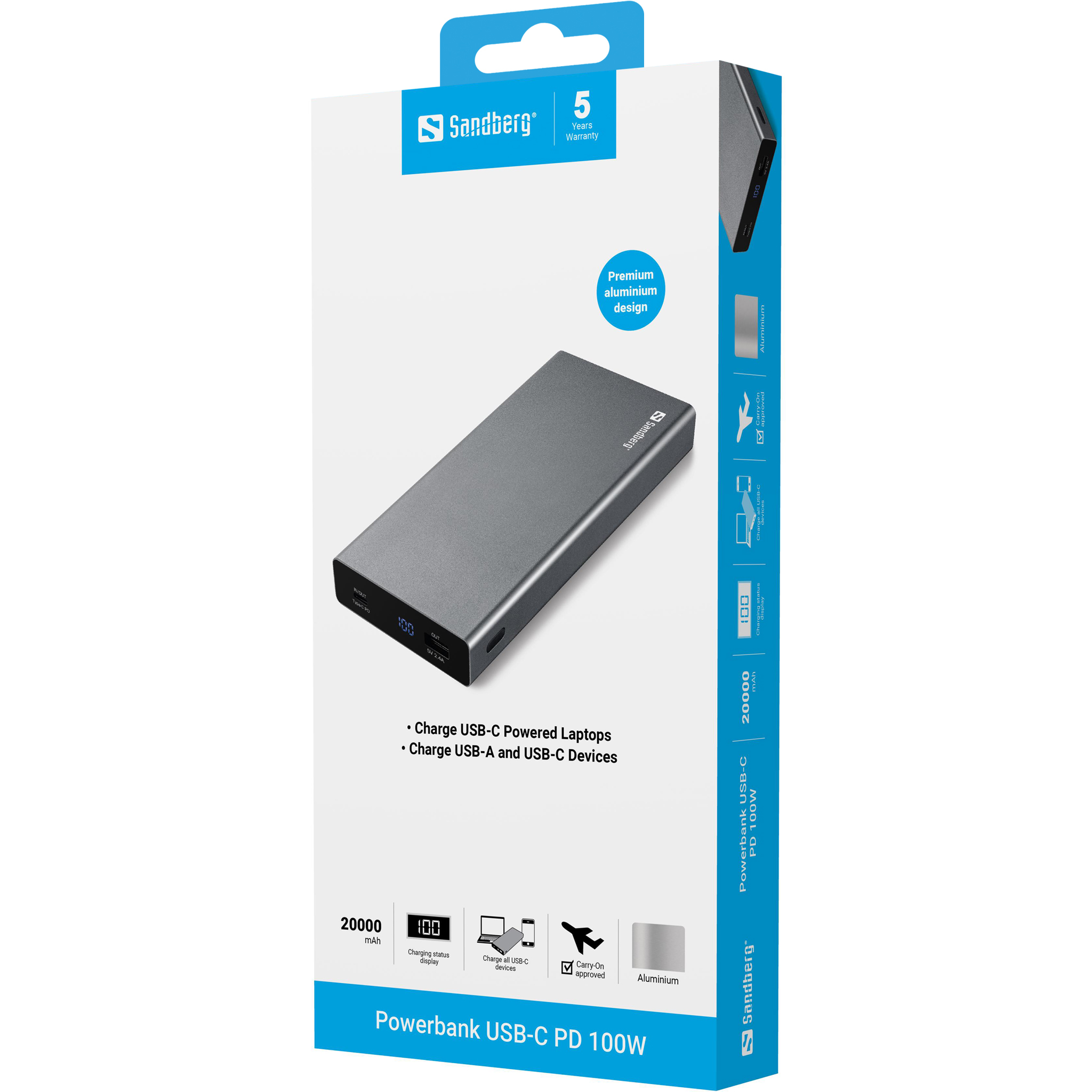 Graues Sandberg Powerbank USB-C PD 100W, 20000mAh, mit digitaler Anzeige, auf weißer Verpackung.