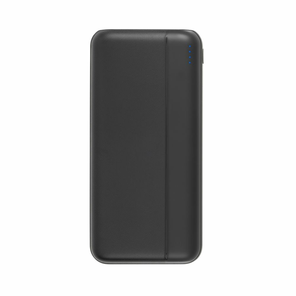 Power bank nera con superficie testurizzata e quattro indicatori LED blu.