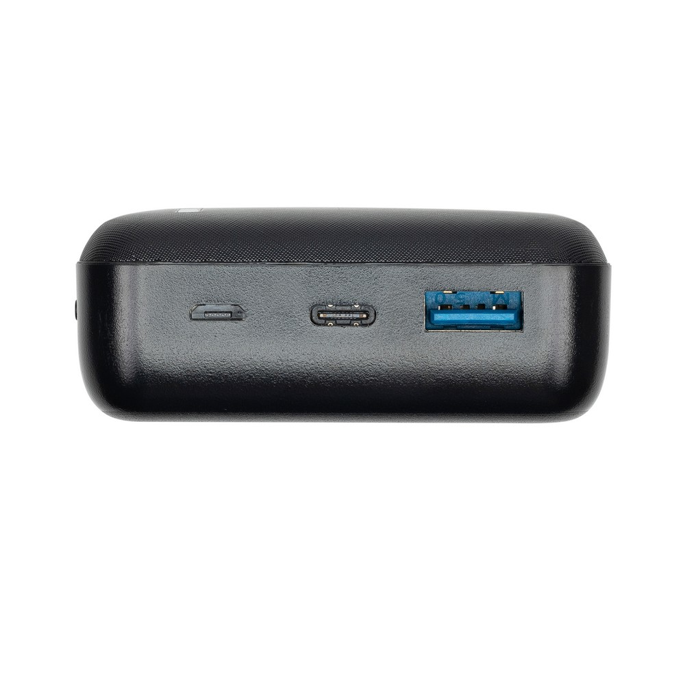 Power bank nero con porte USB-A e due USB-C su sfondo bianco.