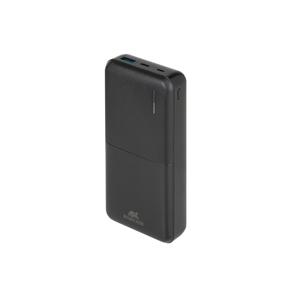 Power bank RIVACASE nero, rettangolare, da 20000mAh su sfondo bianco.