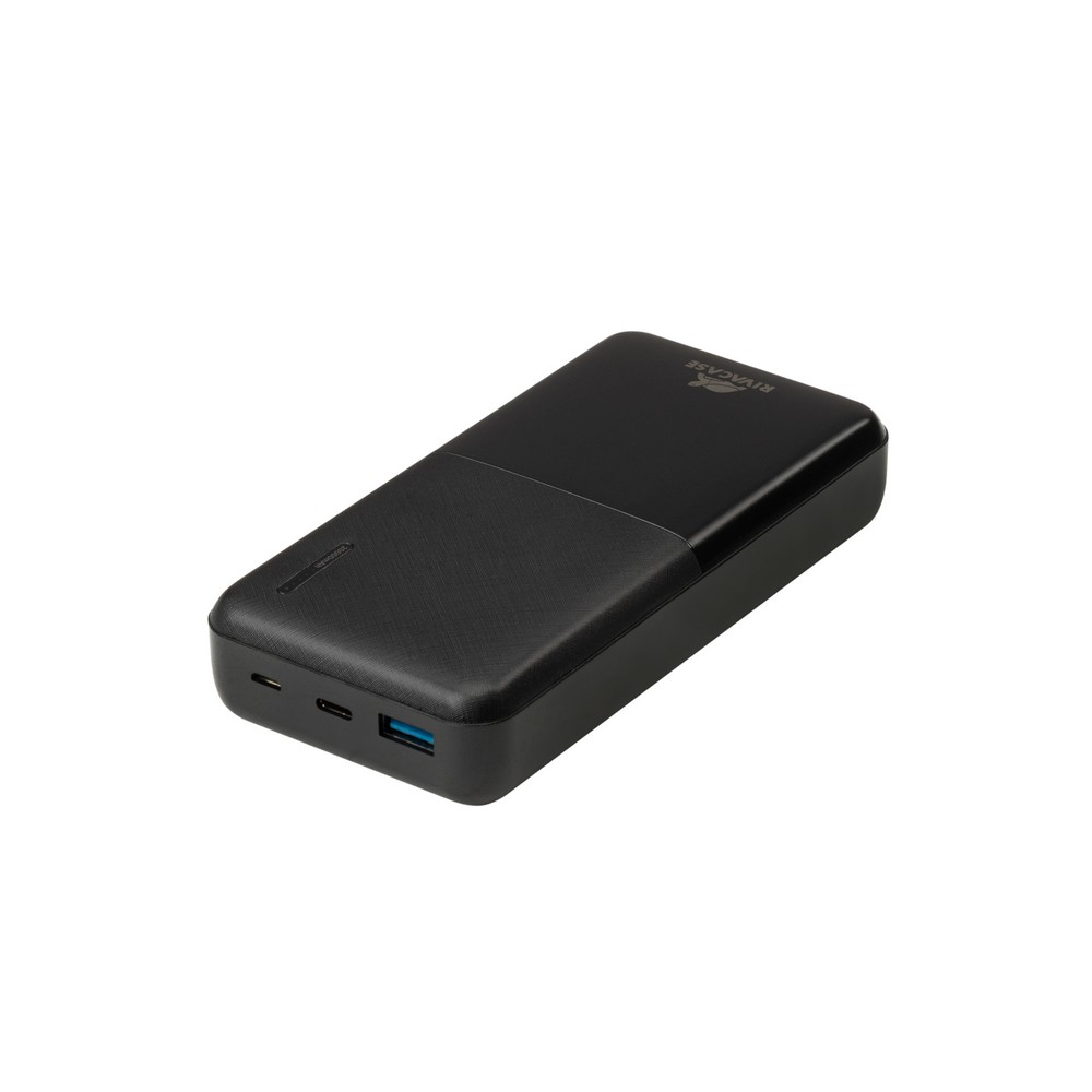 Dispositivo power bank nero rettangolare con due porte USB e una porta USB-C.