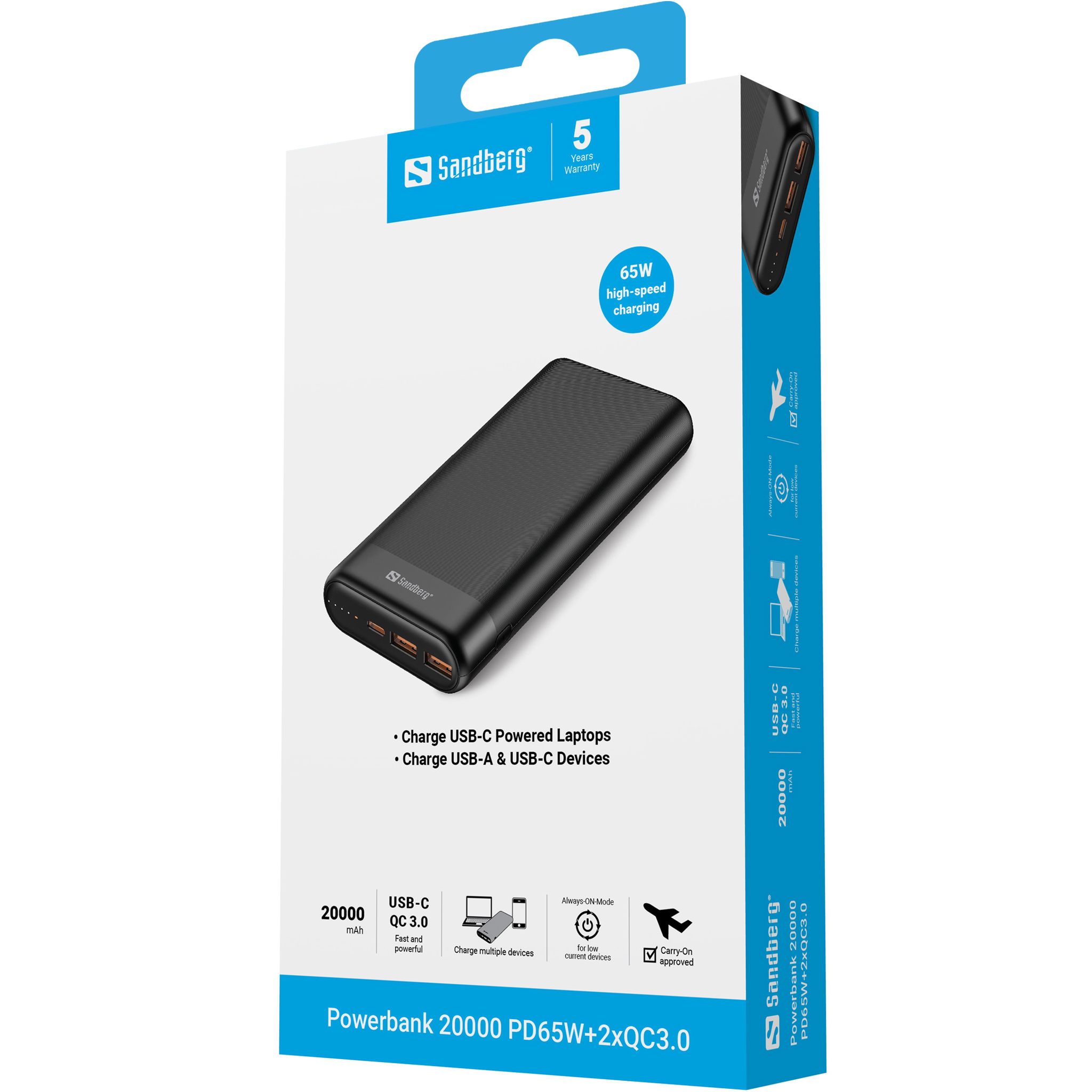 Schwarzes Sandberg Powerbank 20000 PD65W+2xQC3.0 mit 65W Schnellladung.