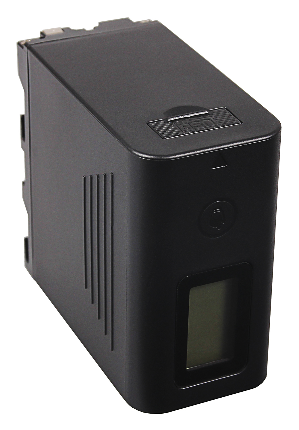 Batteria USB nera con schermo e fessure di ventilazione.