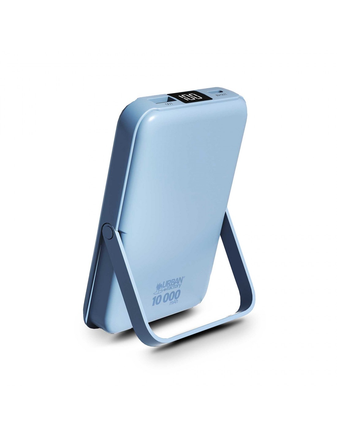 Una batería externa azul claro con soporte y pantalla de 100%.