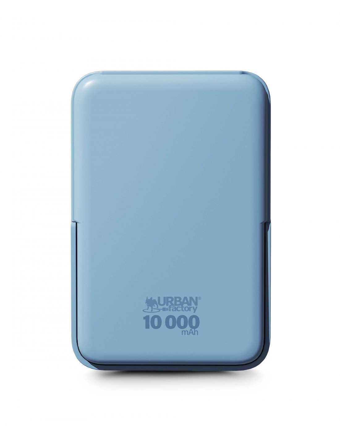 Una batería externa azul claro de 10.000 mAh con el logo de Urban Factory.