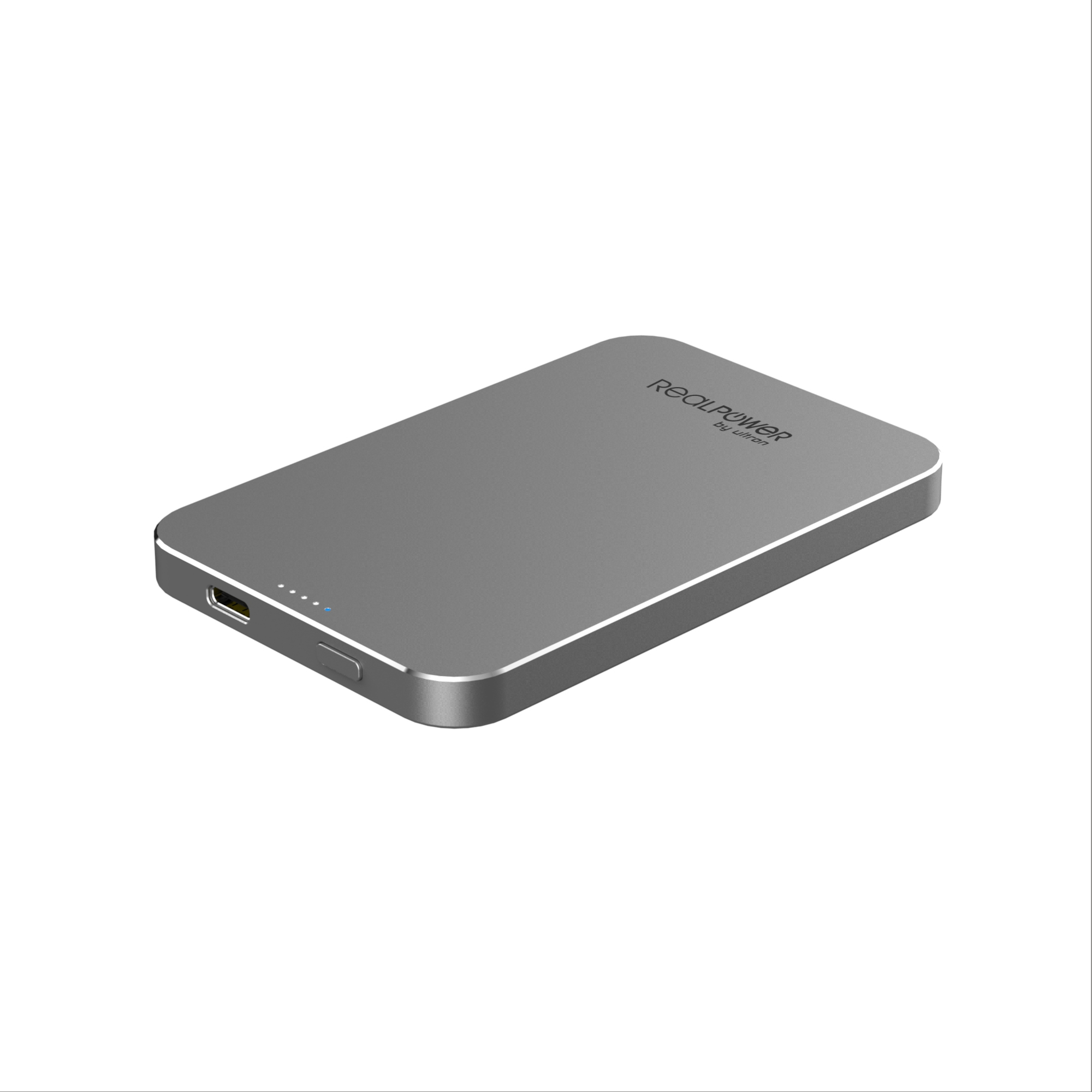 Power bank grigio con porta USB-C e quattro spie di carica.
