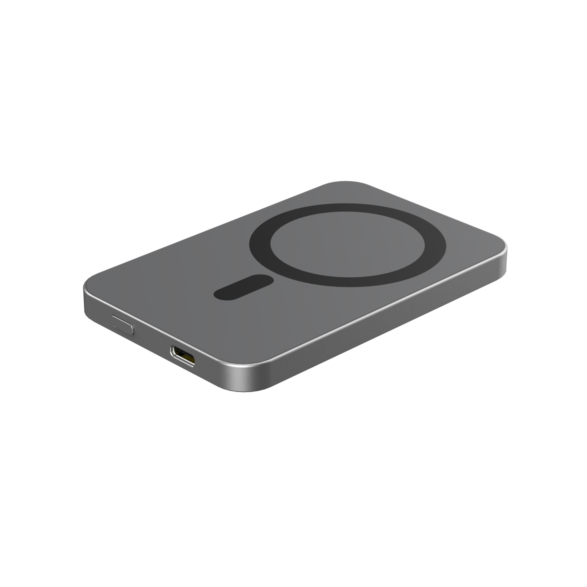 Caricatore wireless rettangolare grigio con cerchio e linea neri.